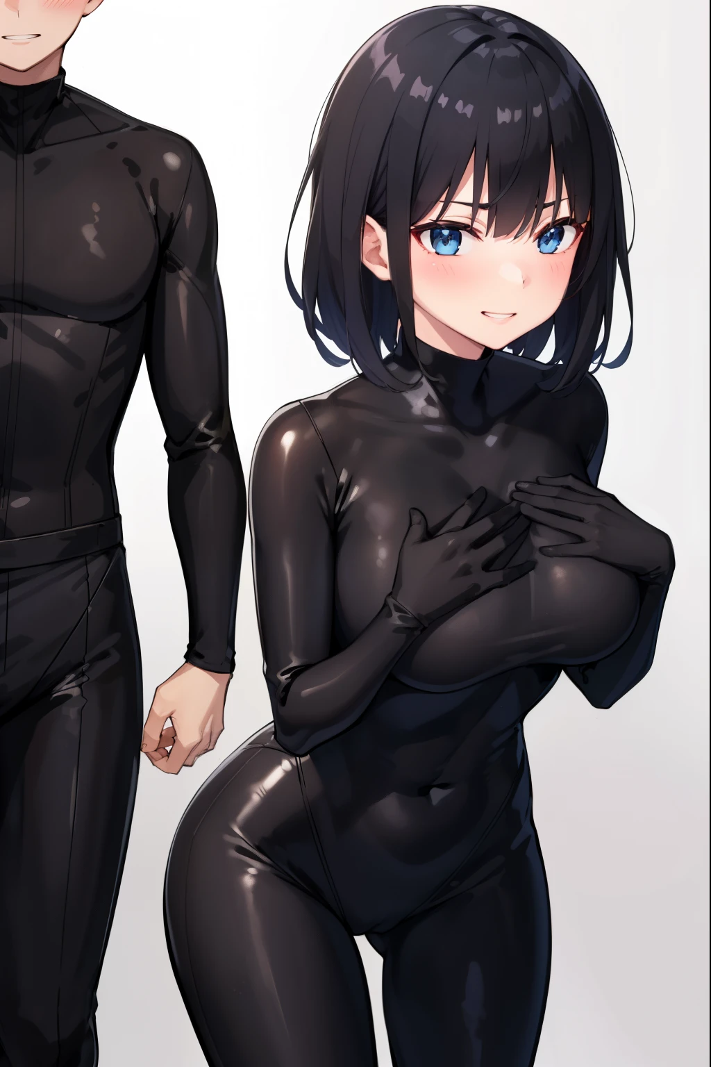 forest,1 girl,boyishな髪,Black Hair,((Black tight suit:1.4)),blush,Grin,boyish,Spiked Hair,blue eyes,Large Breasts, own hands together,Stand with your knees slightly bent,Overall view