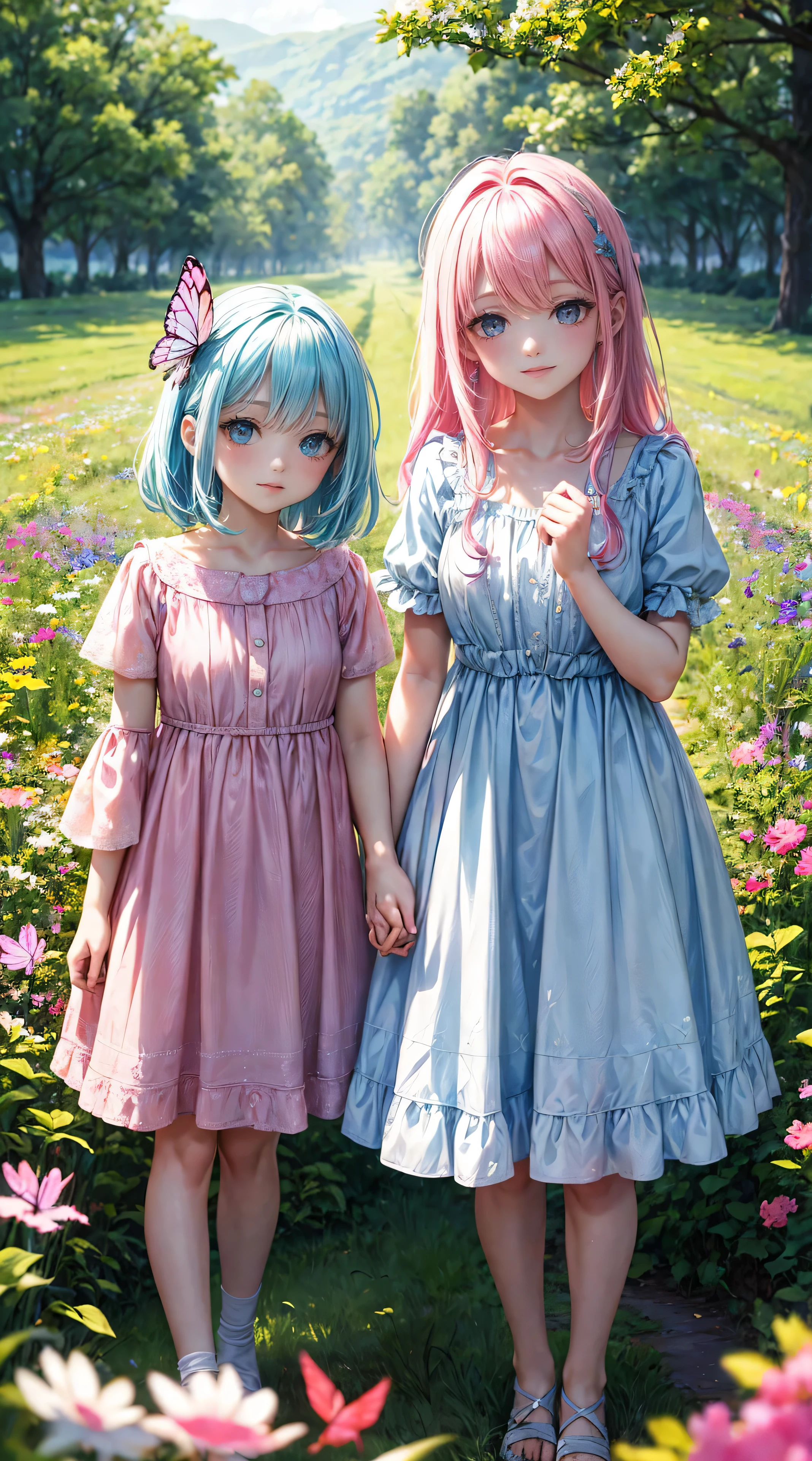 highest quality, pastel painting, Gentle atmosphere, twin girls, cute, smile happily, brown short hair of different colors,,,, Blue-eyed ones, Green-eyed ones, different color dresses, flower hair ornament, Upper body, looking at the viewer, space, meteor, light, Squat down and show panties
