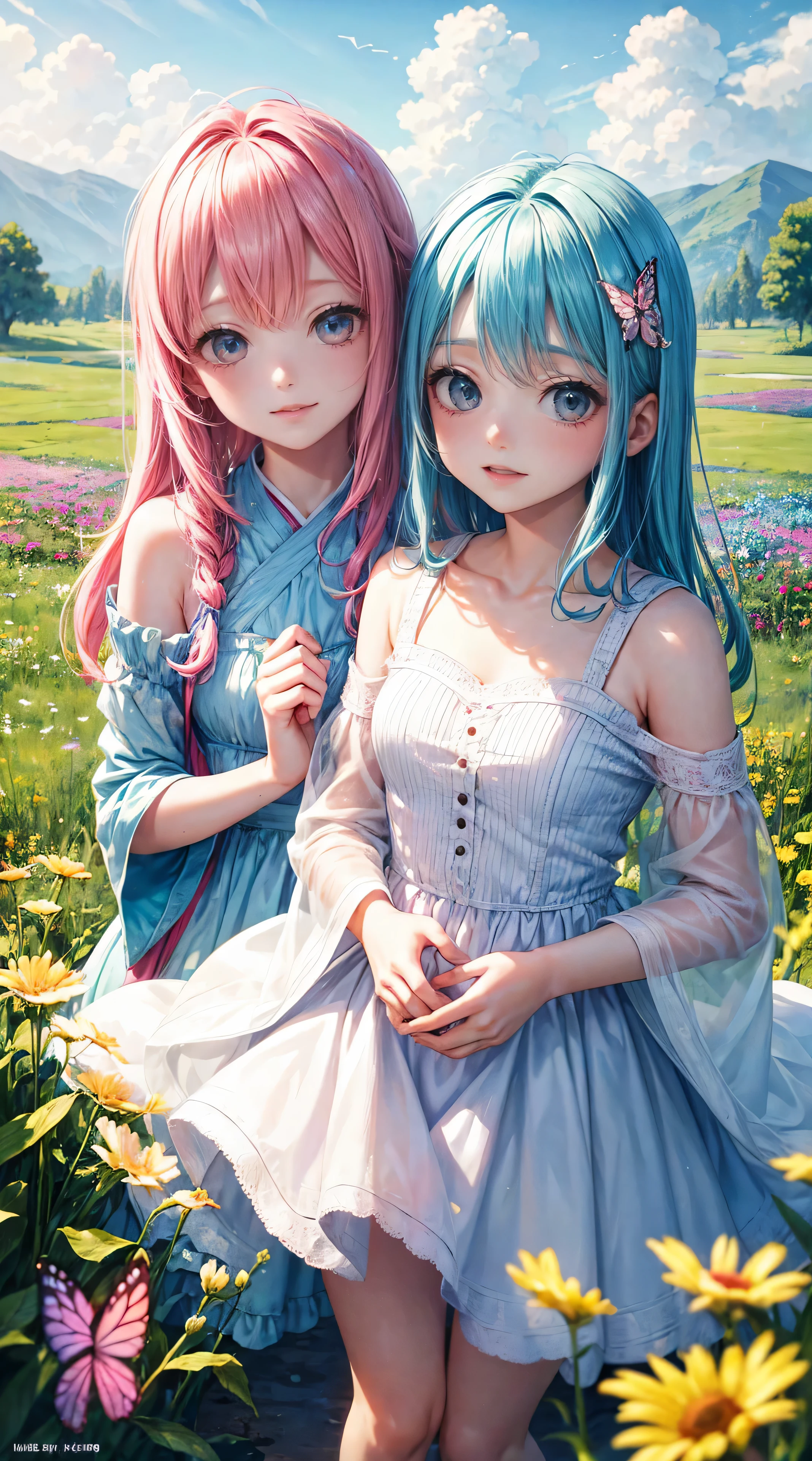 Two pure and innocent girls,、2 people(Pink-haired person、1 Name Light Blue Hair)、Cute face、Beautiful Eyes、Natural Beauty、Warm sunshine、Wildflowers swaying in the wind々Surrounded by、Enjoying time in the fields。Butterflies and birds fly around her、Creates a playful atmosphere。