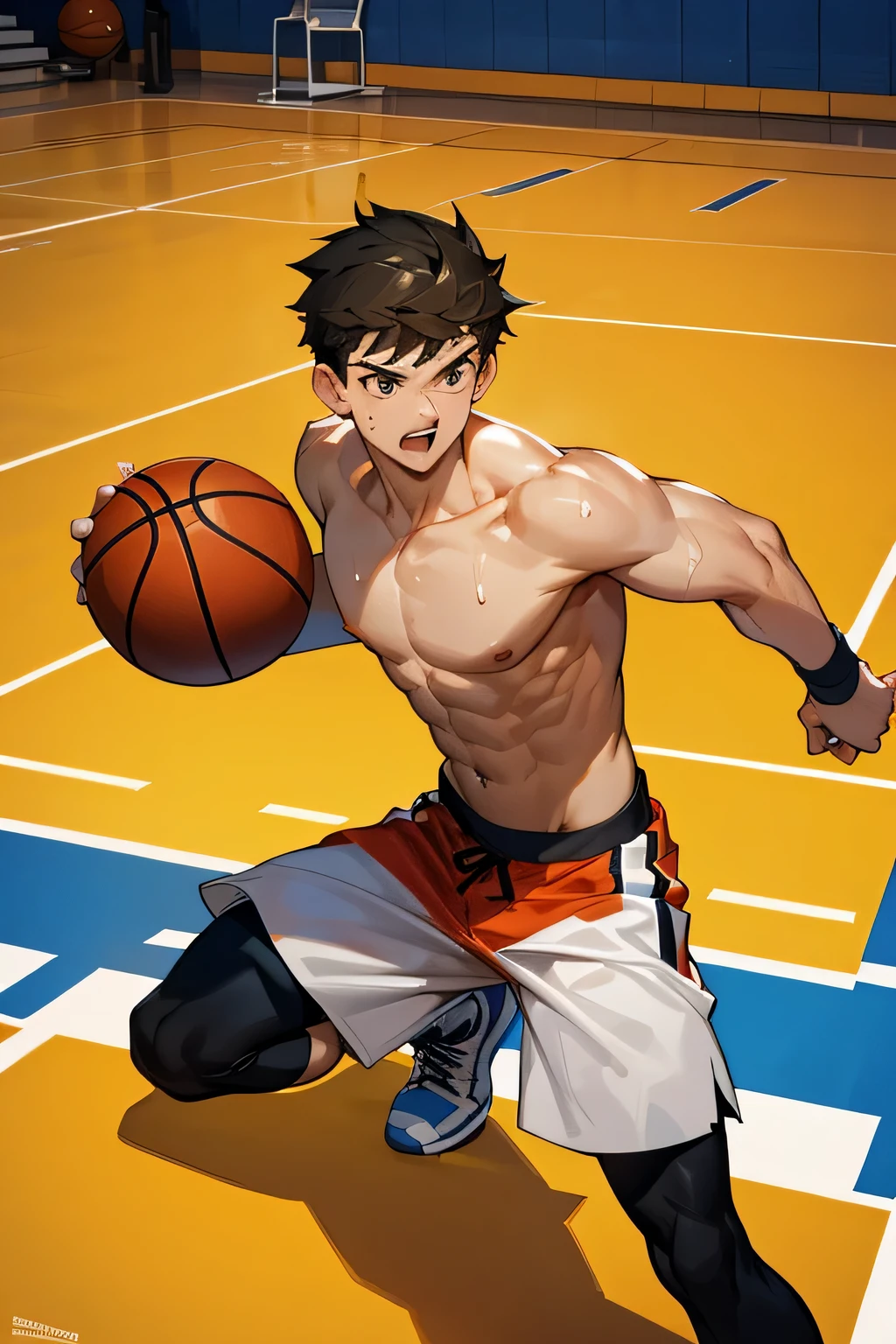 a shirtless 22-year old super muscular sweating male wearing basketball shorts, rubber shoes, playing basketball, in the court