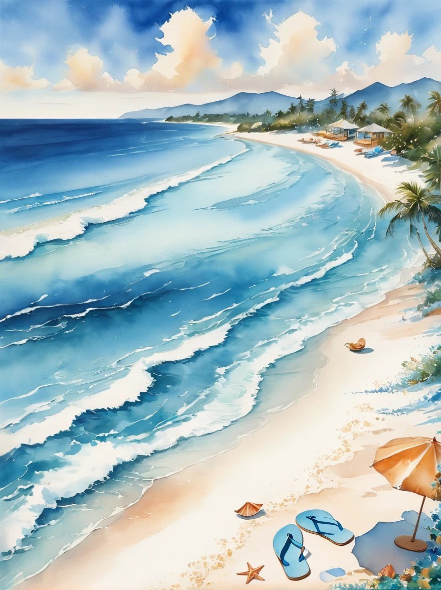 Envision a serene picturesque beach scene, captured in the soft and fluid painting style associated with watercolor artistry. In the foreground, soft golden sand is scattered with an assortment of seashells of various shapes and sizes. A beach towel, a sun hat, and a pair of flip-flops suggests a day of relaxation. Rolling turquoise waves gradually meeting the shore, creating a delicate frothy white lace at the edge. Behind, an endless expanse of azure ocean stretches out to merge into a beautifully gradient sky, transitioning from a deep blue at the zenith to a soft pinkish hue at the horizon. Wisps of clouds dot the expanse, accentuating the tranquility of the scene.