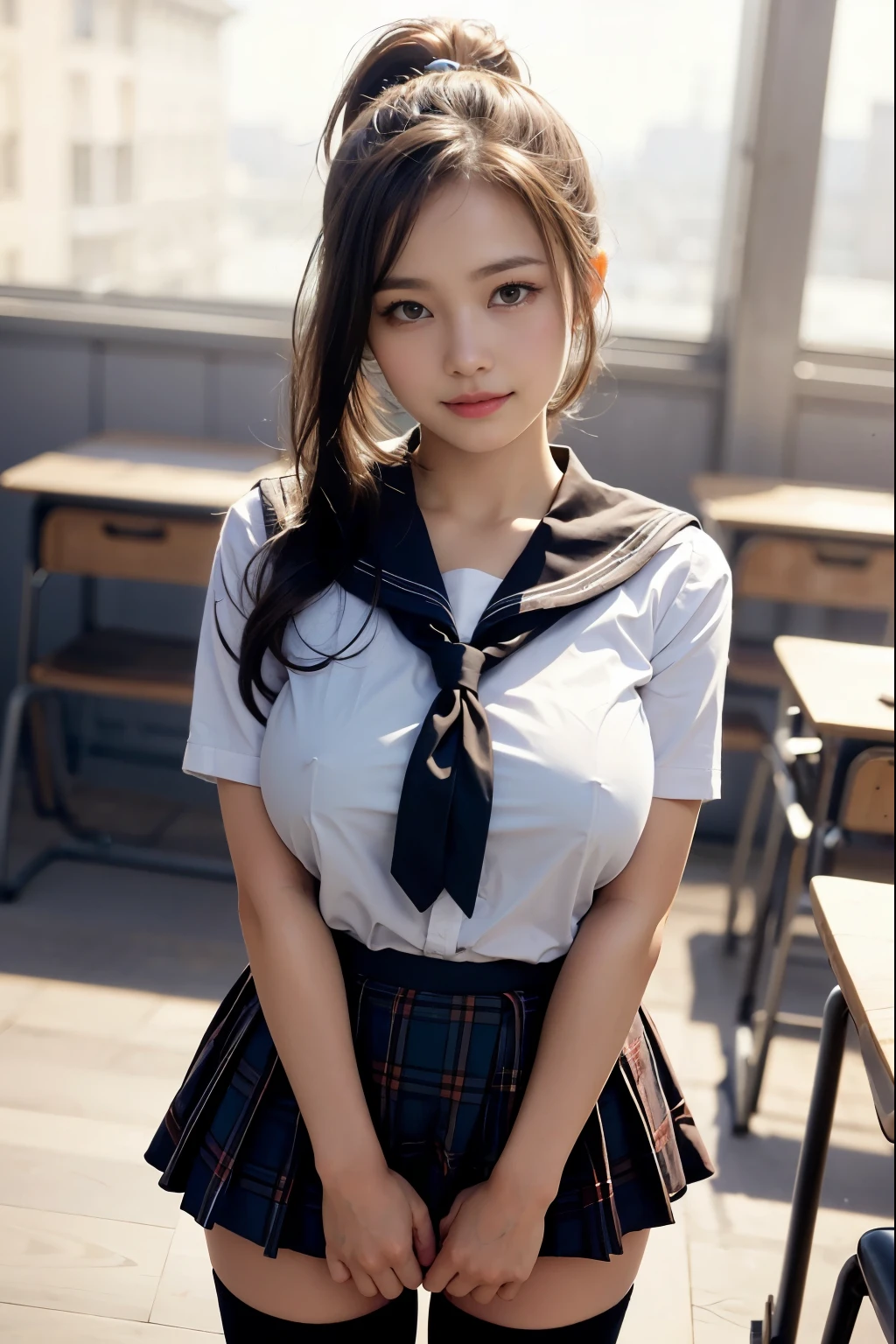 (reality: 1.4),highest quality, masterpiece, high detail, 16K quality, beautiful, 1 beautiful girl,japanese,super beautiful face,baby face,japanese idol face,cute face,super detailed face,detailed hand,beautiful skin,oily skin,big eyes,profeccional lighting,pony tail,black hair,brown beautiful eyes, standing,big smile,legs spread,spread pussy,(skirt lift),big breasts,(sailor suit),(checked skirt),(spread pussy),detailed pussy,black high socks,she is looking at the camera,classroom,nsfw,from below,