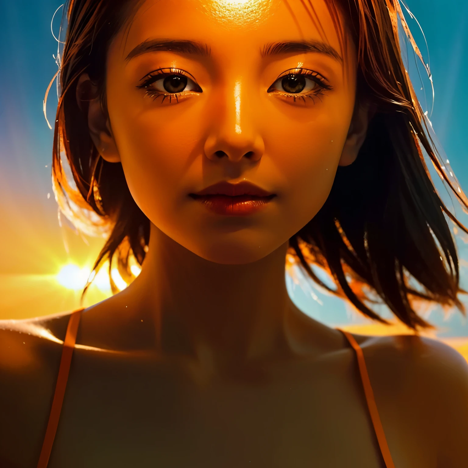 Supergirl、Tropical Beach、blue sea、White Sand、evening、Stroll along the beach、(Gazing at the sunset)、(Orange rays illuminating face, close-up:1.7)、Upper Body、Sexy pose、gravure、