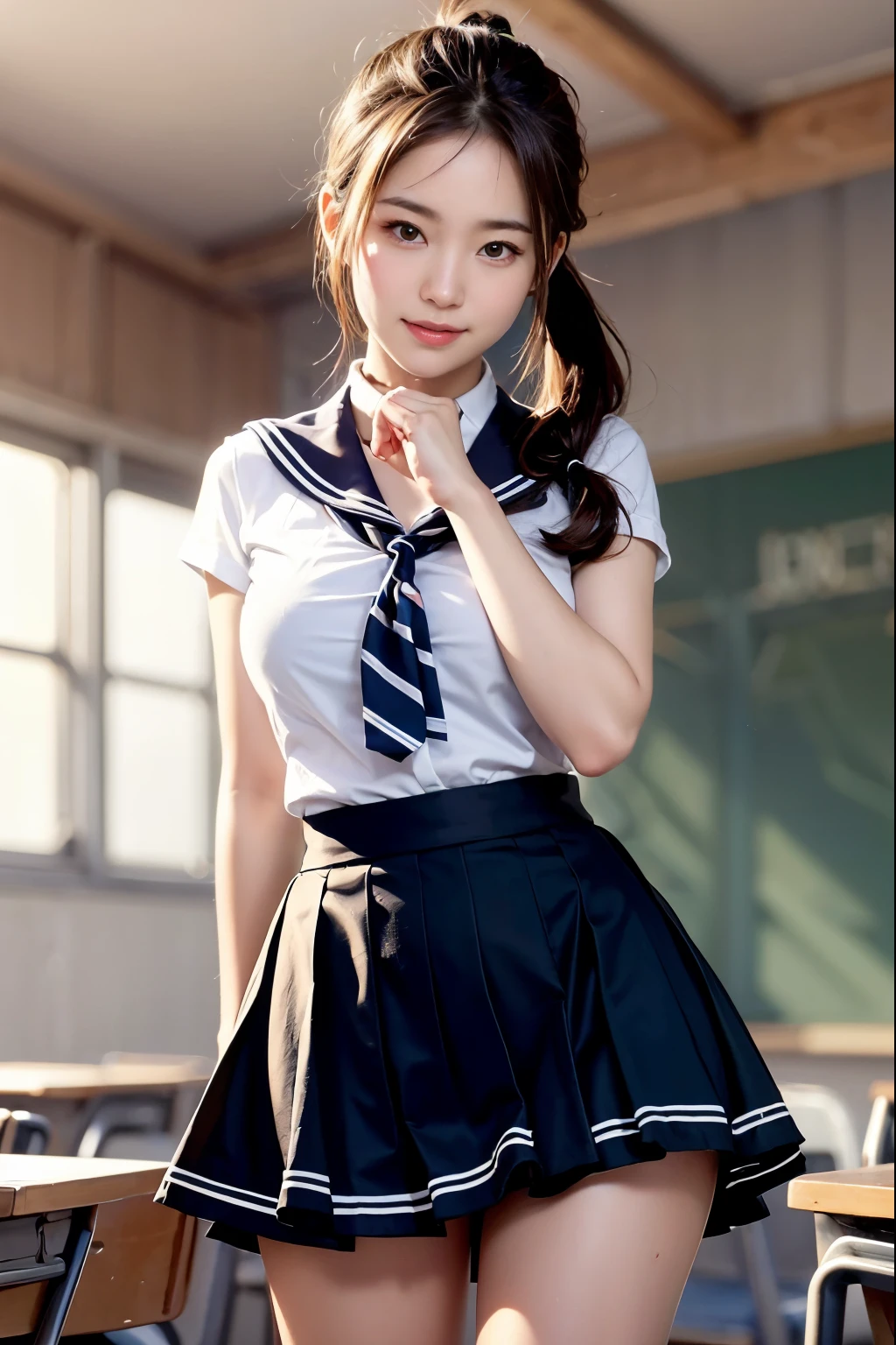 (reality: 1.4),highest quality, masterpiece, high detail, 16K quality, beautiful, 1 beautiful girl,japanese,super beautiful face,baby face,japanese idol face,cute face,super detailed face,detailed hand,beautiful skin,oily skin,big eyes,profeccional lighting,pony tail,black hair,brown beautiful eyes, standing,big smile,legs spread,spread pussy,(skirt lift),big breasts,(sailor suit),(checked skirt),(spread pussy),detailed pussy,black high socks,she is looking at the camera,classroom,nsfw,from below,