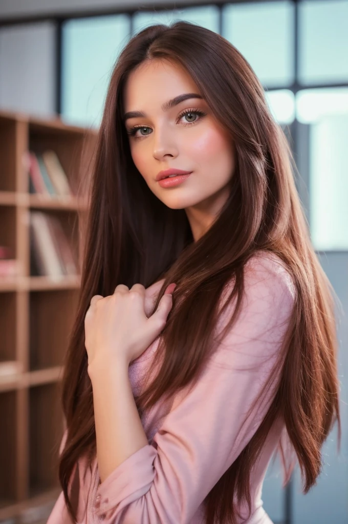 Professional photograph, best quality, 8K, hyper detailed, full body, A close up portrait of a Gorgeous, pretty, warm-hearted, kind-hearted, good-hearted, stunning, cheerful, sweet, polite, sensitive, sensible, shiny, charming, alluring, dreamy, graceful, majestic, classy, stylish, flowing super long brown haired argentinian woman. Flowing hair, silky hair, glowing hair, ethereal argentinian beauty, exotic argentinian beauty, timeless argentinian beauty, dream argentinian beauty. She has the cutest face, beaming countenance, fair porcelain skin, soft make-up, red lipstick, she is wearing a burgundy leather jacket, skinny trousers, and boots. She's glad, happy, cheerful, joyful, angelical face, angelical beauty. Affectionate woman, tenderness and delicacy in person.