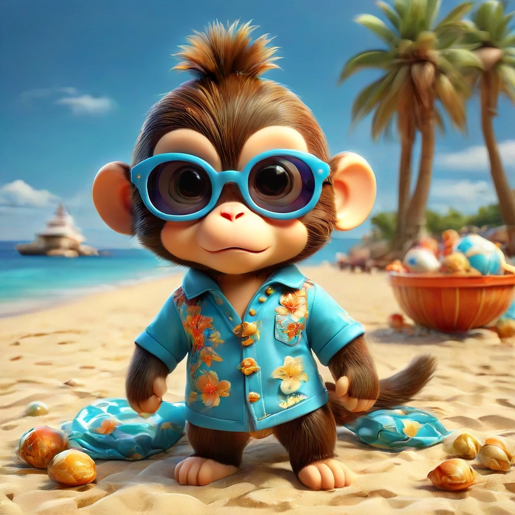 A happy monkey wearing trendy sunglasses,The fur is gently blown by the breeze,Relax on the beaches of the picturesque French Riviera,The white sandy beach blends perfectly with the clear blue sea,nearby,Colorful shells scattered randomly,Tall, sturdy palm trees sway gently against a bright blue sky,far away,sunny,Giving the quiet earth a warm glow。