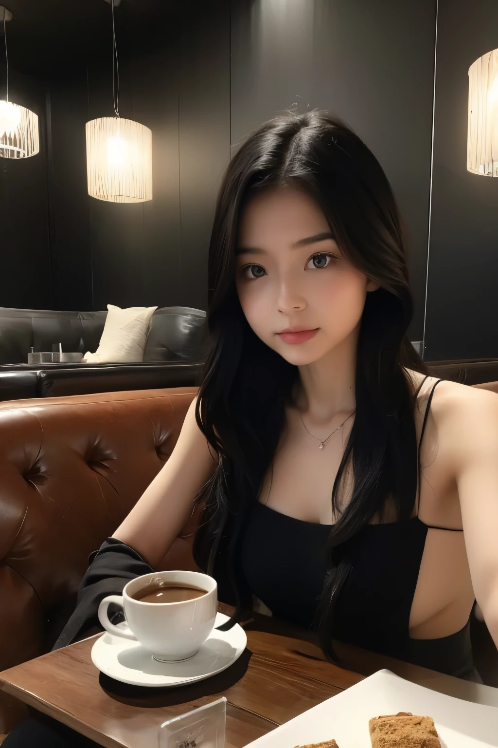 Cute Girls、20-year-old、Black Hair、rich、Cafe、tea time、luxury、Composition from afar