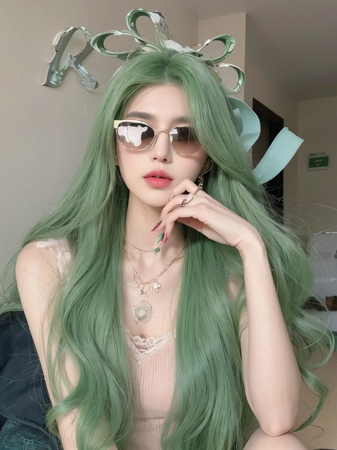 masterpiece, best quality, Girl with green hair,Long curly green hair,Detailed facial structure,pretty girl,Wearing sunglasses