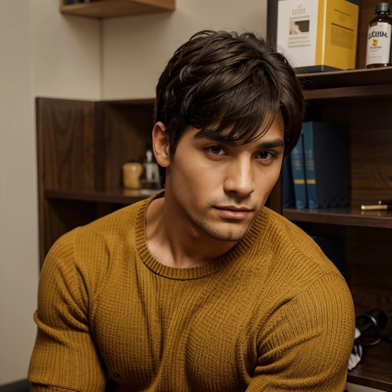 Un chico alto, de cabello negro corto con flequillo,sueter amarillo y con fisico musculoso