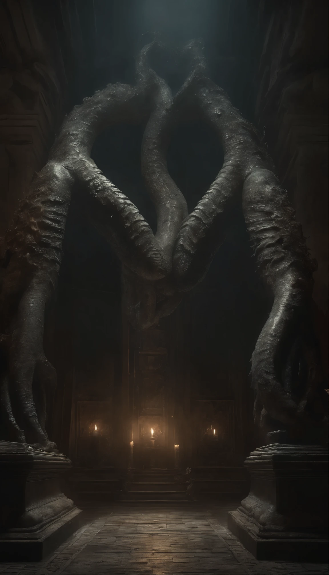 (extremadamente detallado, obra maestra, La mejor calidad), Estilo oscuro, intense illumination, rostro con arrugas, lengua larga, tentacle, deforme, monstruoso, interior de una piscina de agua verdosa, imagen submarina, alien con Colmillos finos, pico de pulpo amenazante. manchas de tinta. Rococo composition. Luz de caravaggio