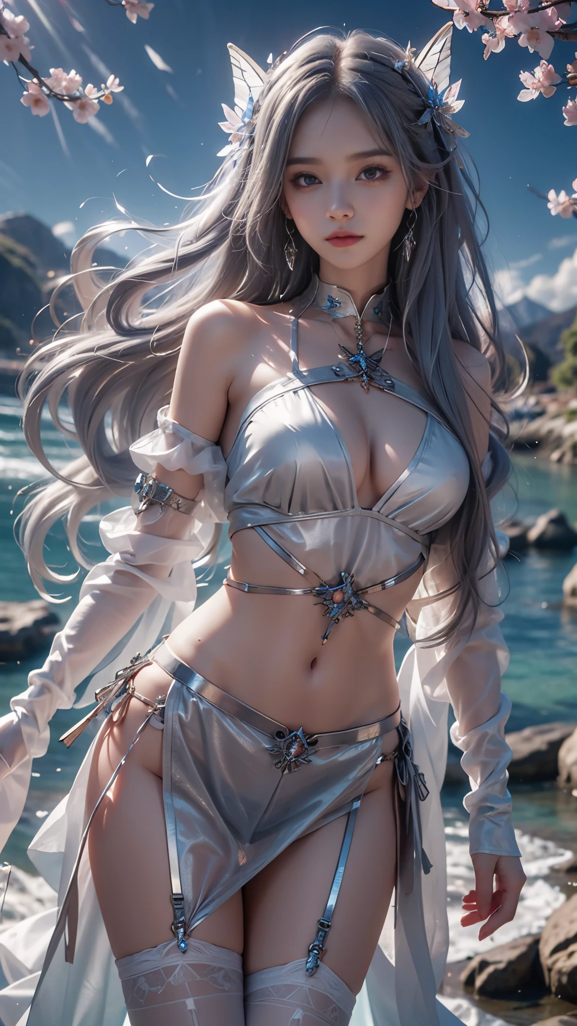 8K, ultra hd, masterpiece, hd colors, 1 girl, perfect face, very long curly hair, detailed eyes, simple clothing, ((silver clothing)), stocking, ((criss-cross lace)), sardine, straps, net clothing, ((long loops)), jwellery, waterside, Realistic scenery, epic scenery, sun rising, evening, clouds, Butterfly, cherry blossom, blowing wind, perfect pose,