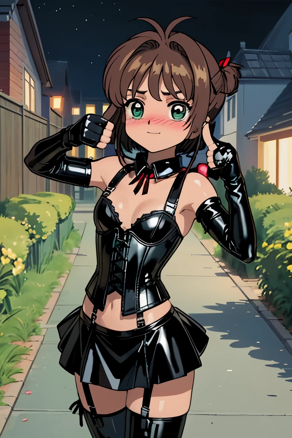 (((chibi)))、((()))、(((low length)))、(((Child body type)))、Slightly chubby、BDSM、Queen、mistress、One girl、solo、(((Long gloves covered to the fingertips in black latex:1.4 )))、(((Black latex corset dress:1.4)))、(((The corset dress is decorated with beautiful lace.)))、(((corset dress with shoulder straps)))、(((Black latex tight mini skirt:1.4)))、(((Black Thigh Boots)))、Stiletto heels、(((Black latex panties)))、(((Black latex bra)))、(((Black leather collar)))、(((Sexy pose)))、Wide-open legs、(((Erotic)))、(((Cowboy Shot)))、masterpiece, High resolution, garden kinomoto_cherry blossoms, One girl, At night, star, anger, Beautiful views, starry green eyes, blush, Magical girl, Fiery green eyes, Green Eye Trail, Burning eyes, eye trail、Blonde:1.2、Big red ribbon、Red hair clip、Small Bust、Boyish breasts、
Hoping to start, Magic crozier with crow symbol、Wicked Smile、Cold gaze、blush