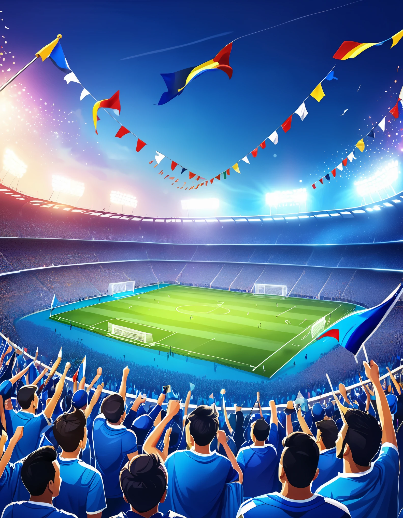 arafed view of a football field with fans holding up flags, cheering crowd, crowd cheers, football field, concert, Vibrant atmosphere, Blue flag flying, Stadium packed with people back view, cheering crowds, 