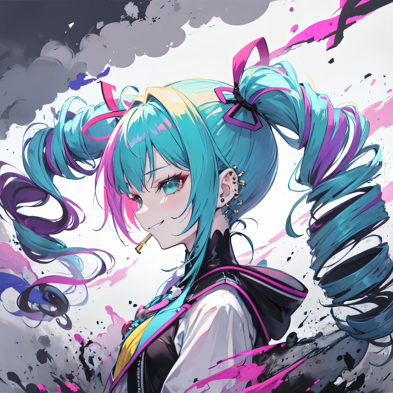 from side,solo,(ponytail:1.2),drill hair,two side up,afro,dreadlocks,hime cut,twintails,braid,(hair bun:0.7),(wavy multicolor hair:1.2),(smokeanywhere:1.4),smirk,piercing
