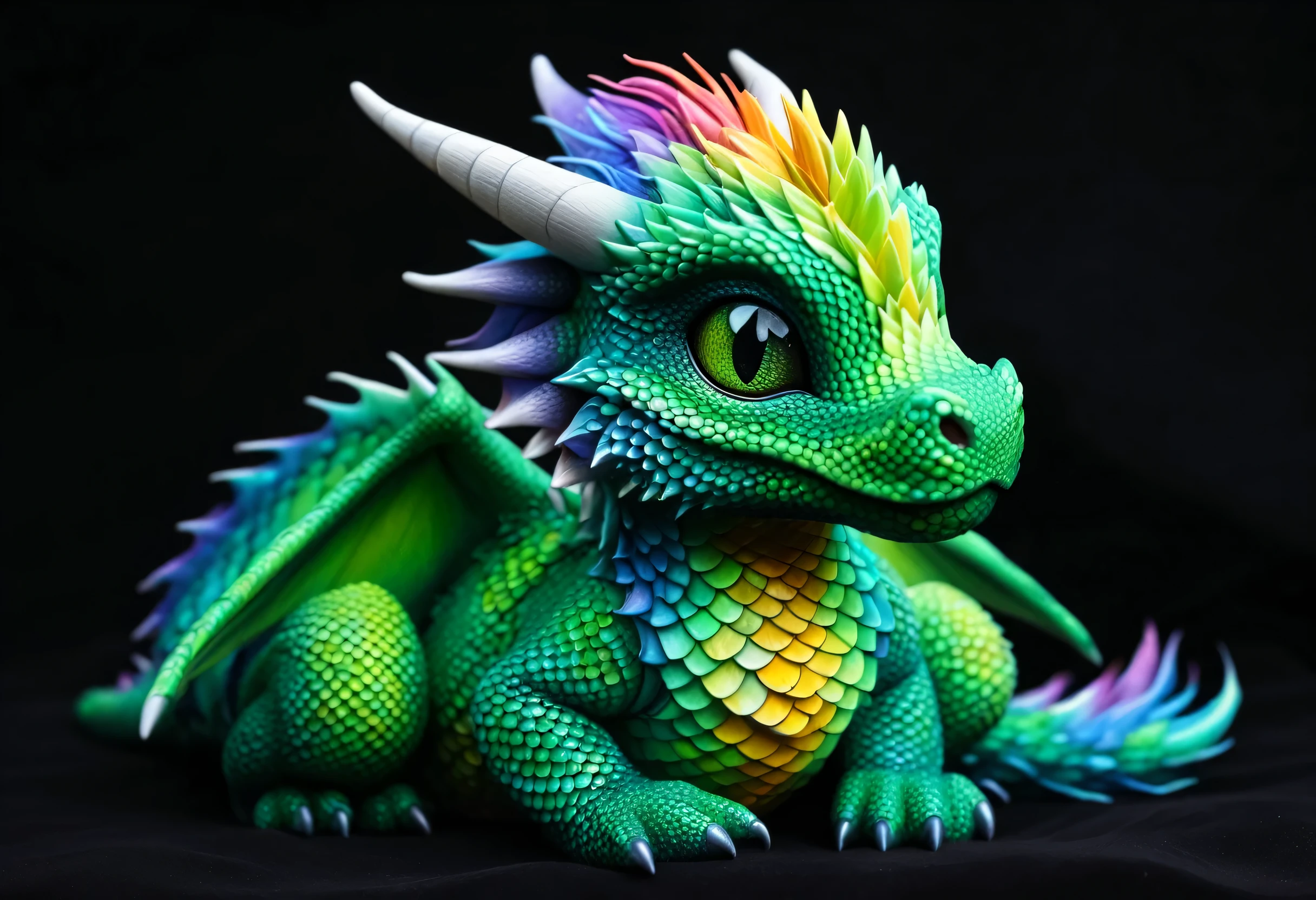 A shining dragon sits in the darkness, Green-scaled Dragon, Fluffy furry rainbow dragon, Cute Dragon, Hair dragon scales, Cute little green dragon, Crystallization scale, newly hatched dragon, intricately Detailed scale, Dragon Art, 8k high quality detailed art, Portrait of a Dragon, Detailed scale, Characteristics of a soft and delicate dragon,Cute face