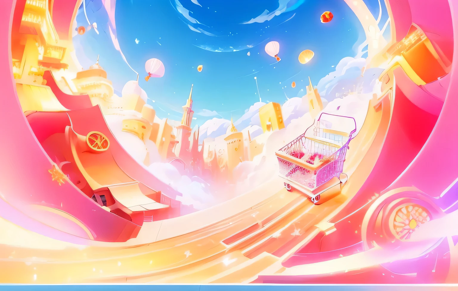 Shopping cart cartoon illustration with city background, Shopping mall background, A beautiful artistic illustration, Lying in the fairyland on the white clouds, Fantasy illustrations, blurry and Fantasy illustrations, blurred and Fantasy illustrations, Business Illustration, Colorful anime movie background, background technologywork, 8K cartoon illustration, background technology, foamy landscape, !Dream concept art, Glossy digital