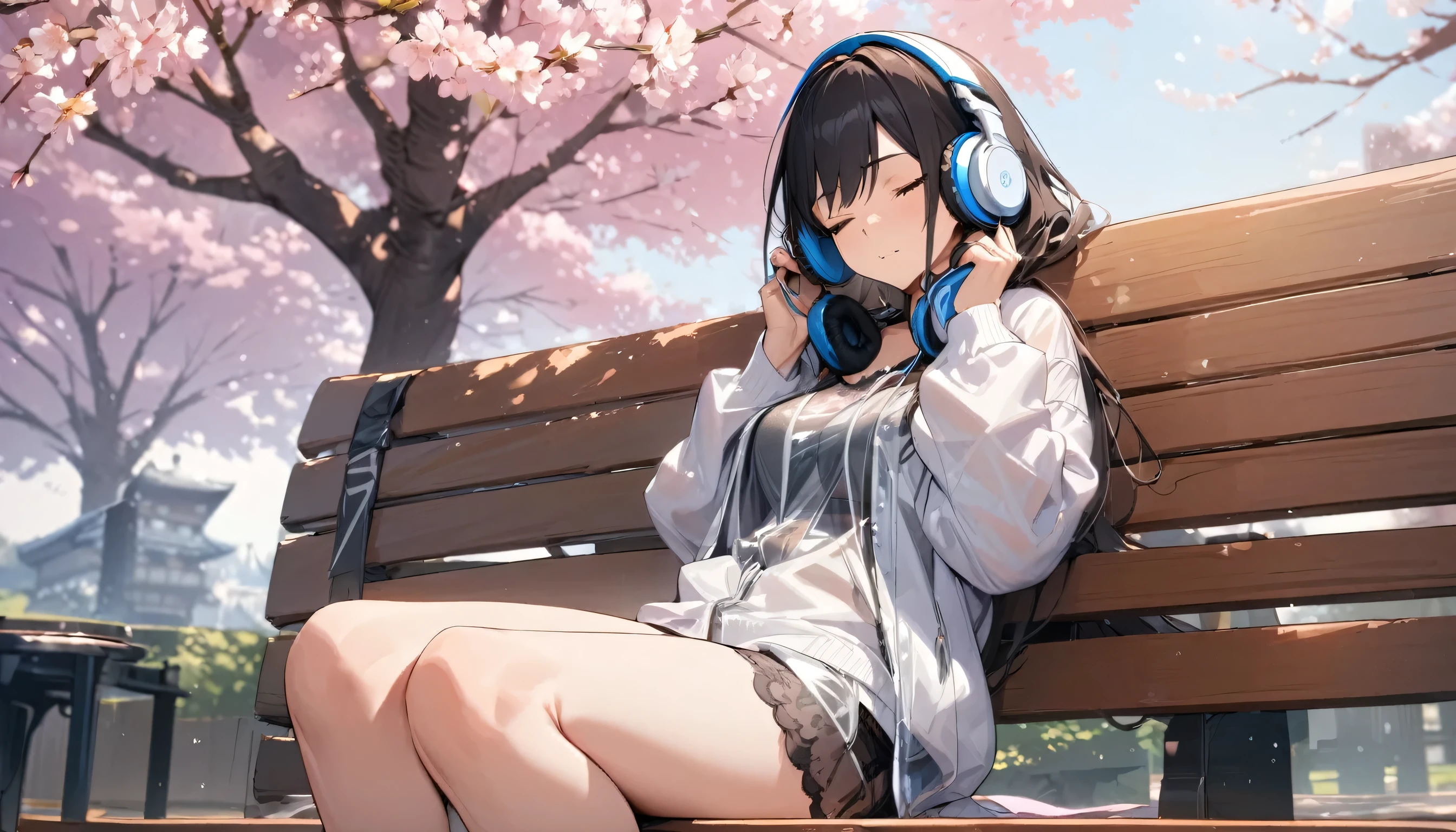((best quality)), ((masterpiece)), (detailed), perfect face, sitting under the cherry blossom tree, listening to music, One woman, wearing headphones, eyes closed, wearing underwear, underwear is transparent, sitting on a bench