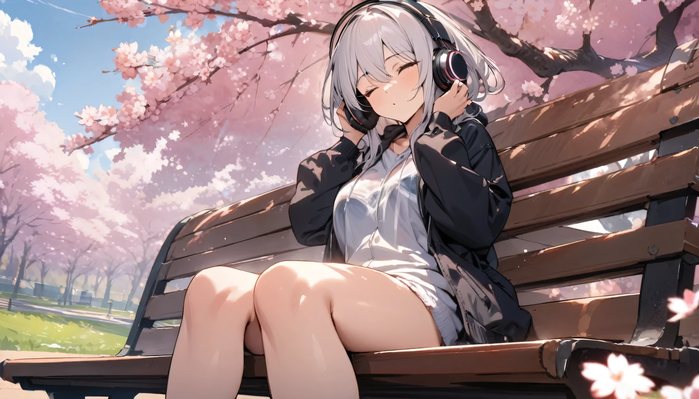 ((best quality)), ((masterpiece)), (detailed), perfect face, sitting under the cherry blossom tree, listening to music, One woman, wearing headphones, eyes closed, wearing underwear, underwear is transparent, sitting on a bench