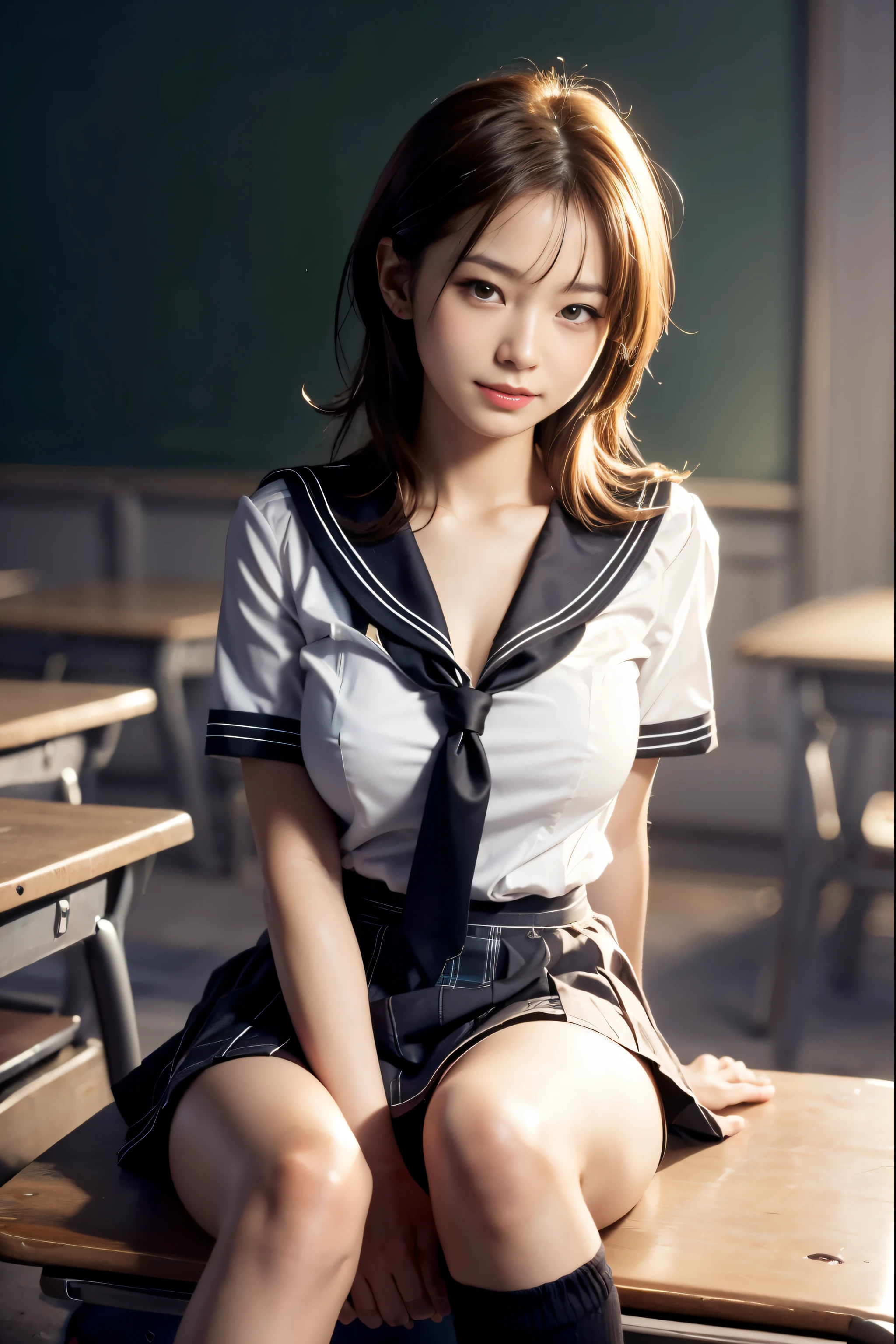 (reality: 1.4),highest quality, masterpiece, high detail, 16K quality, beautiful, 1 beautiful girl,japanese,super beautiful face,baby face,japanese idol face,cute face,super detailed face,detailed hand,beautiful skin,oily skin,big eyes,profeccional lighting,medium hair,black hair,brown beautiful eyes, sitting whith knee up,arms behind back,big smile,legs spread,spread pussy,(skirt lift),big breasts,(sailor suit),(checked skirt),(spread pussy),detailed pussy,black high socks,she is looking at the camera,classroom,nsfw,from below,