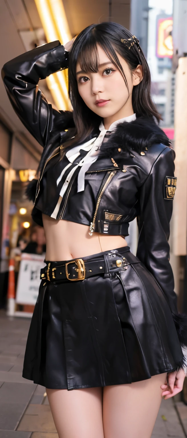 Wild punk idol girl、whole body、Good style、、、Gold tight mini skirt costume、Fantastic City、、、Gorgeous black fur jacket、Great belt、、Skull Accessories