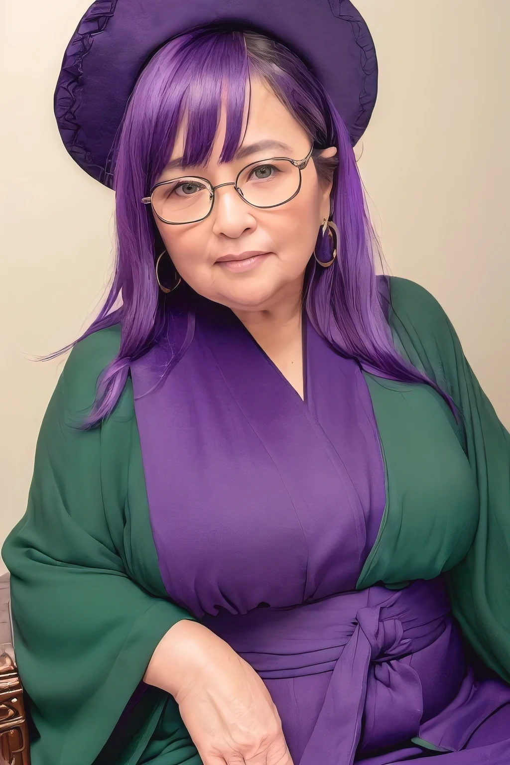 (masterpiece:1.3), (8k, photorealistic, RAW photo, best quality: 1.4), Fortune teller with glasses, sitting sofa, dark green robe, (very fat), 40 years old, Facing the front, (from front shot:1.5), (face focus shot:1.3) , close shot, Backlighting, (old woman:1.2), purple hair, kimono, hand on knee, smile