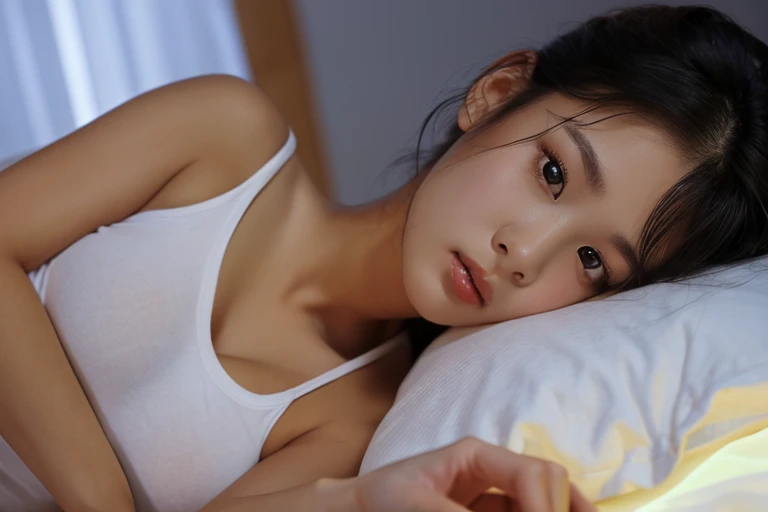 a young Asian woman wearing a white V-neck t-shirt, black choker, big breasts. lying on his side with his cheek on the bed, in a dimly lit room at night.