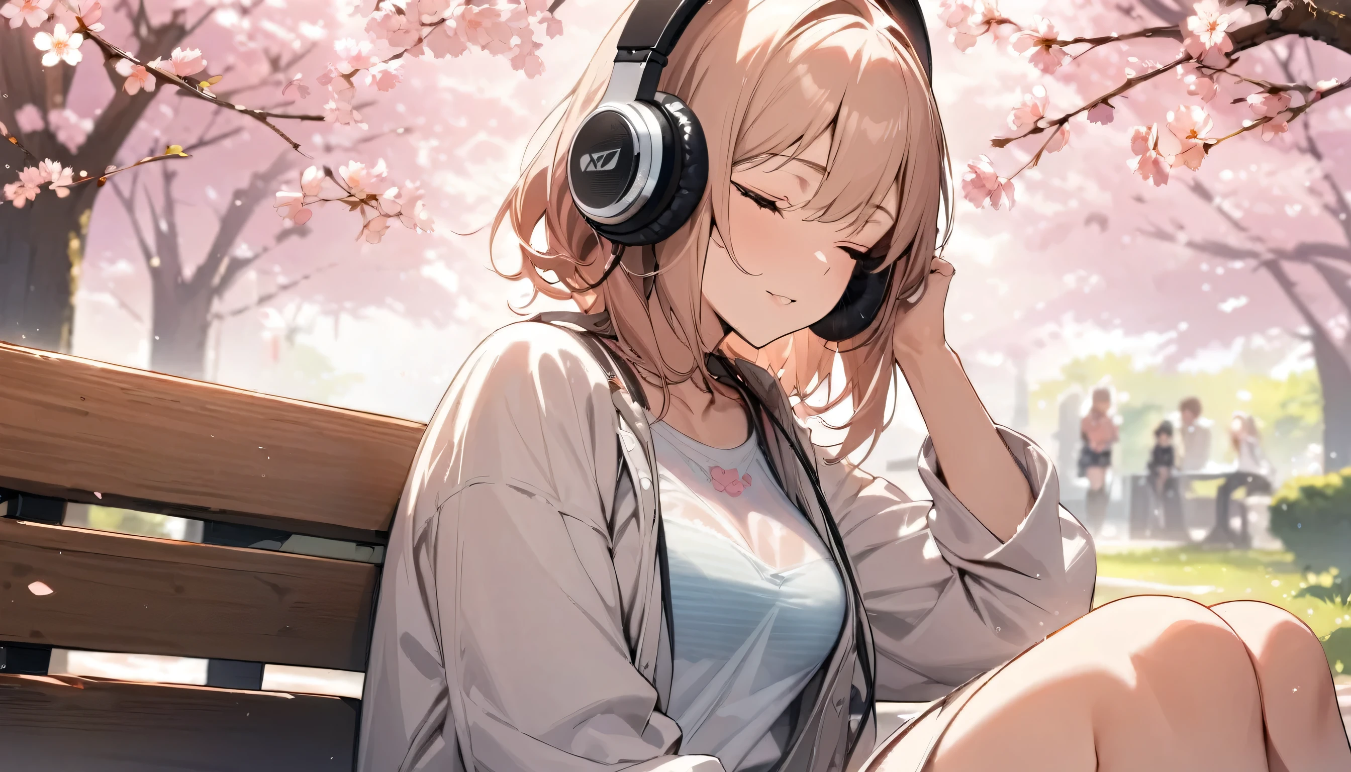 ((best quality)), ((masterpiece)), (detailed), perfect face, sitting under the cherry blossom tree, listening to music, One woman, wearing headphones, eyes closed, wearing underwear, underwear is transparent, sitting on a bench