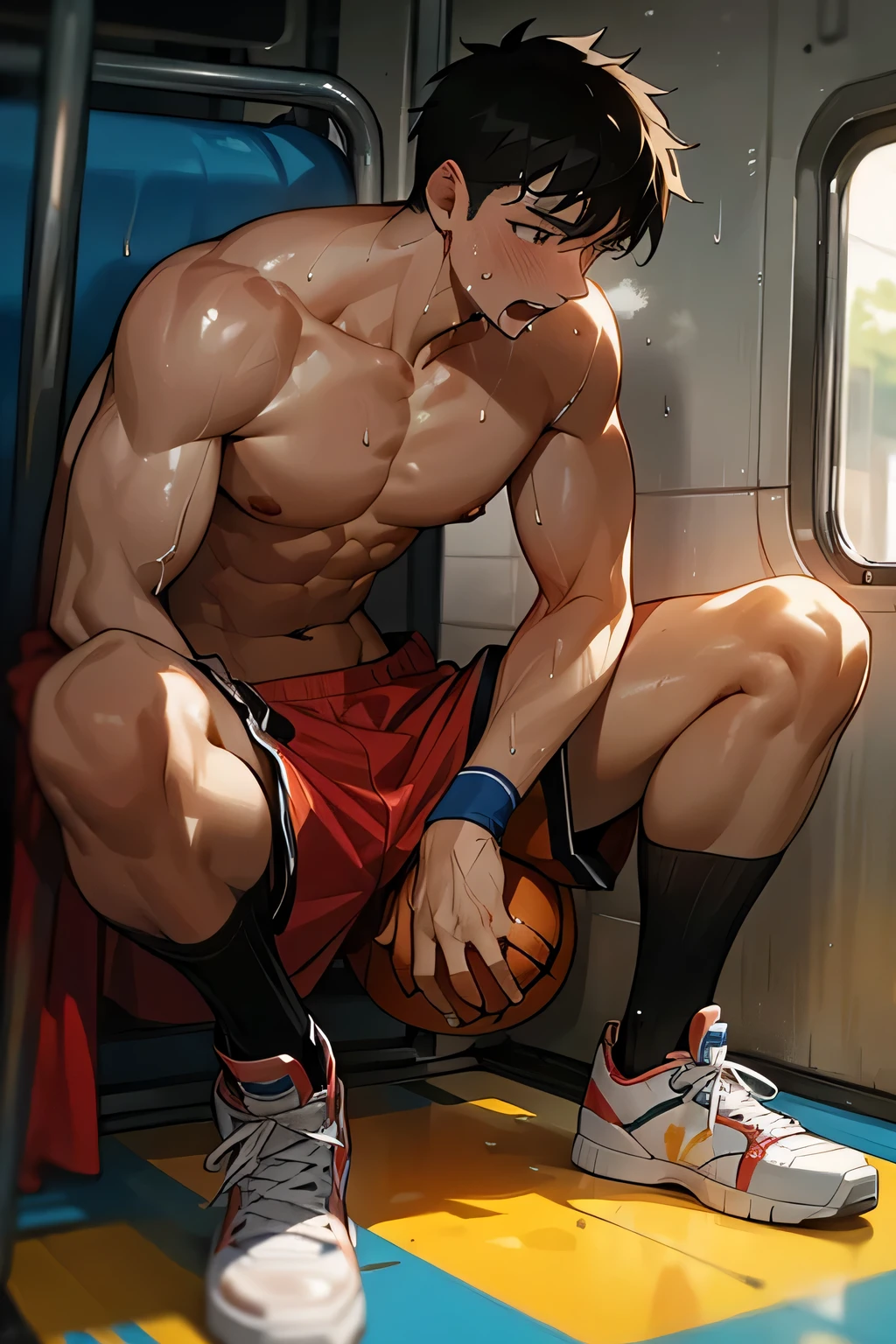 a shirtless 22-year old super muscular sweating male wearing basketball shorts, rubber shoes, sweat-drenched, soaking wet, drenched with sweat, sweating profusely, soaking wet with sweat, panting, exhausted, gasping, inside the bus