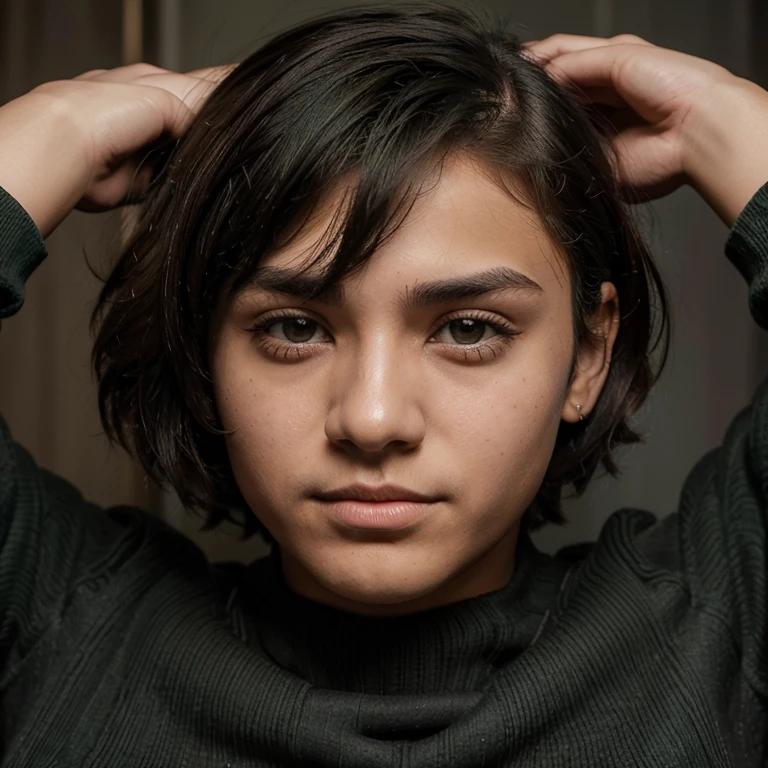A 15 year old teenager with short hair with bangs covering his forehead,el cabello es dd color negro,no tiene barba,tiene un sueter verde oscuro y un fisico promedio masculino,siempre lleva audifonos,es un chico trans, tiene cara redonda y siempre lleva anillos,es moreno