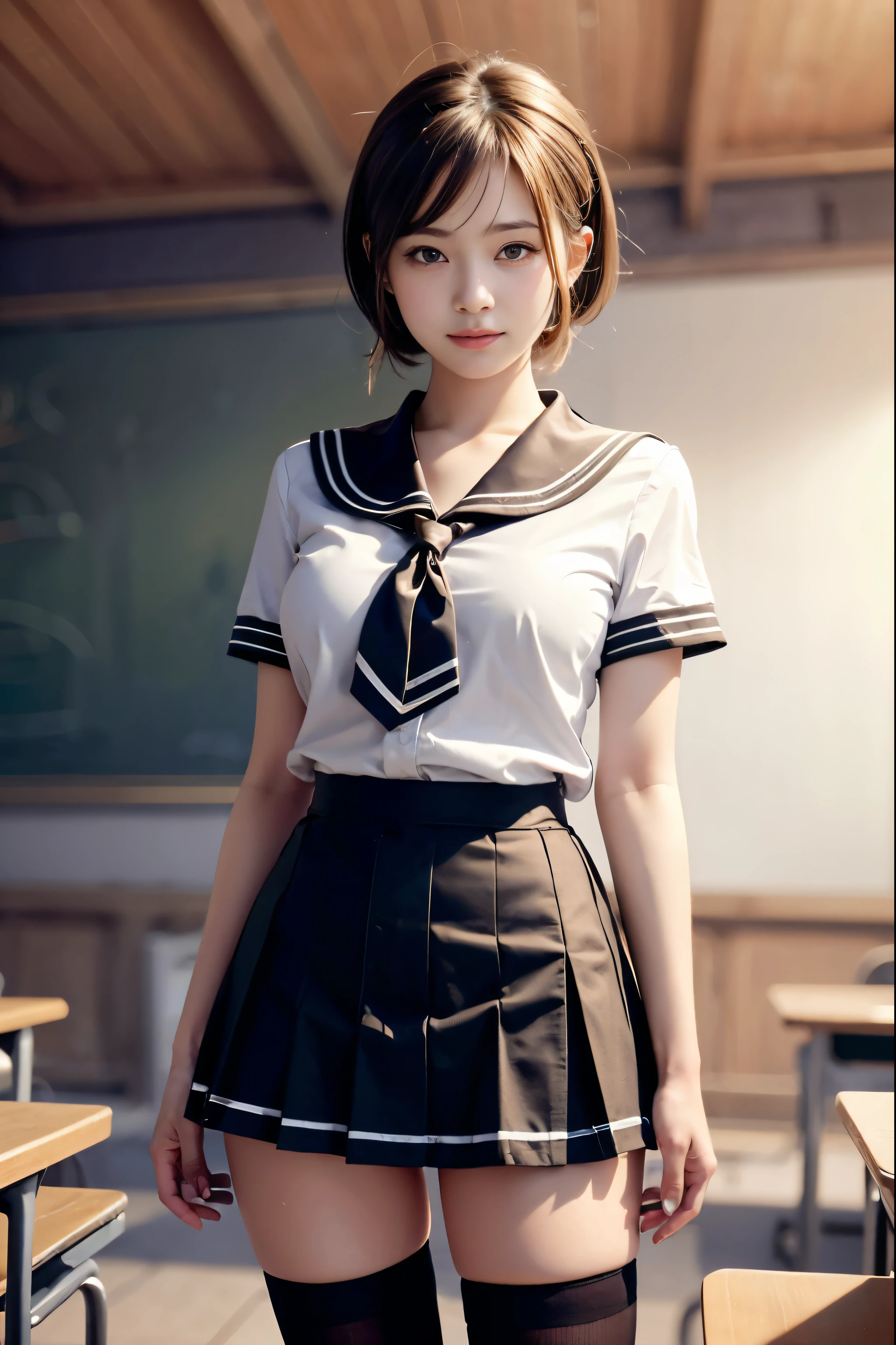 (reality: 1.4),highest quality, masterpiece, high detail, 16K quality, beautiful, 1 beautiful girl,japanese,super beautiful face,,japanese idol face,cute face,super detailed face,detailed hand,beautiful skin,oily skin,big eyes,profeccional lighting,medium hair,black hair,brown beautiful eyes, standing,big smile,legs spread,spread pussy,(skirt lift),big breasts,(sailor suit),(checked skirt),(spread pussy),detailed pussy,black high socks,she is looking at the camera,classroom,nsfw,from below,
