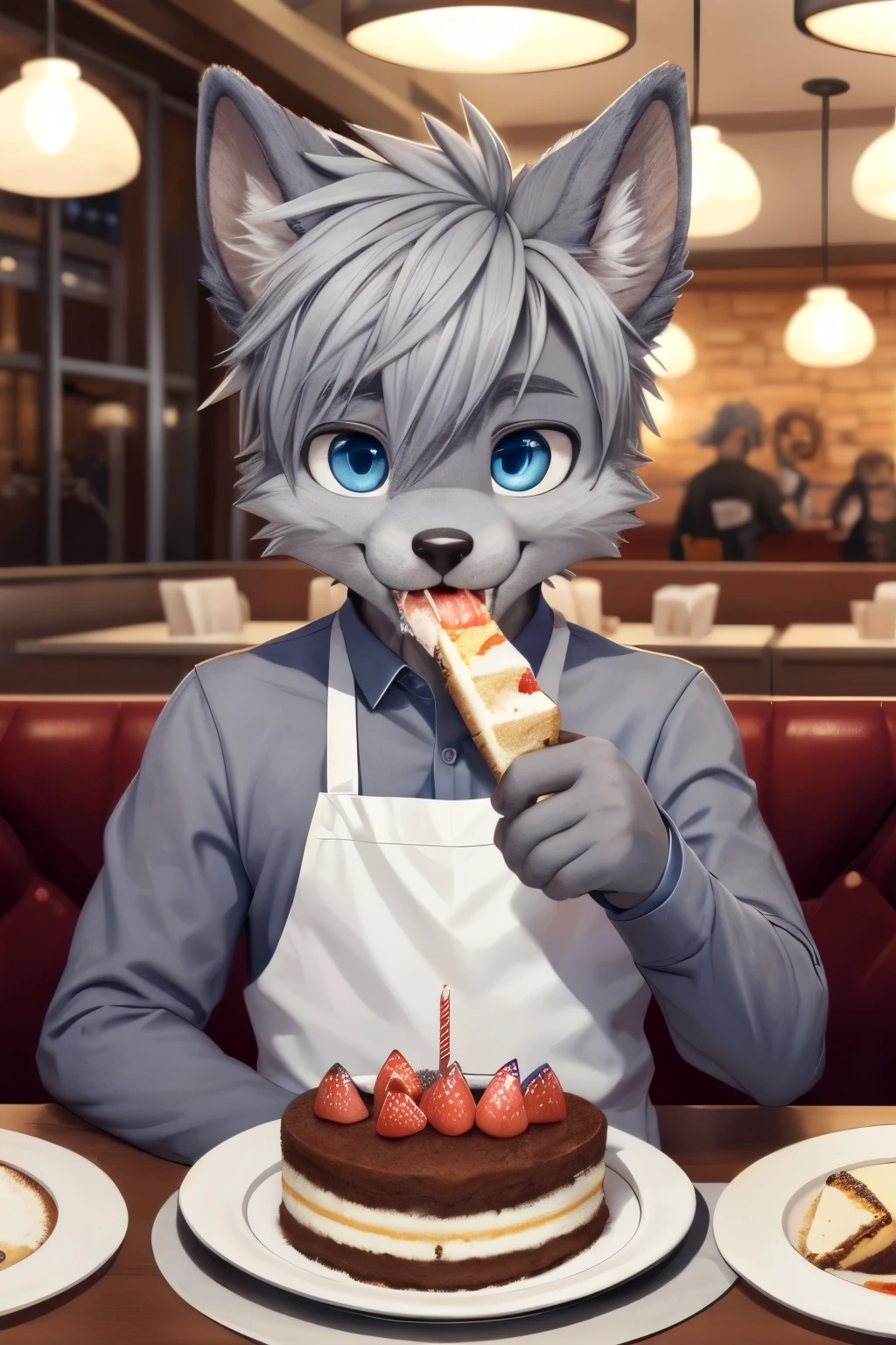 A young furry male ,anthropomorphic , gray hair, blue eyes, looking at viewer, happy,
eating cake, restaurant