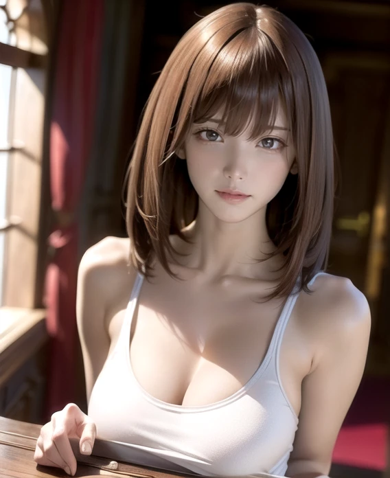 One Girl,(Highly detailed skin),curve,,Beautiful breasts,(Large Breasts),Pale skin,Pointed Chest,Erect nipples,(Fantasy art,Best image quality,Hyperrealist portrait,(8k),Ultra-realistic,最high quality, high quality, High resolution, high quality texture,Attention to detail,Beautiful details,Fine details,Highly detailed CG,Detailed Texture,Realistic facial expressions,Tabletop,before,dynamic,bold),Bob Hair,(Very thin hair),(Super soft hair),(Super Straight Hair:1.5),Long, slicked bangs,Very light coppery amber hair,Hair on one eye,Dressed,loose t-shirt,Swimwear