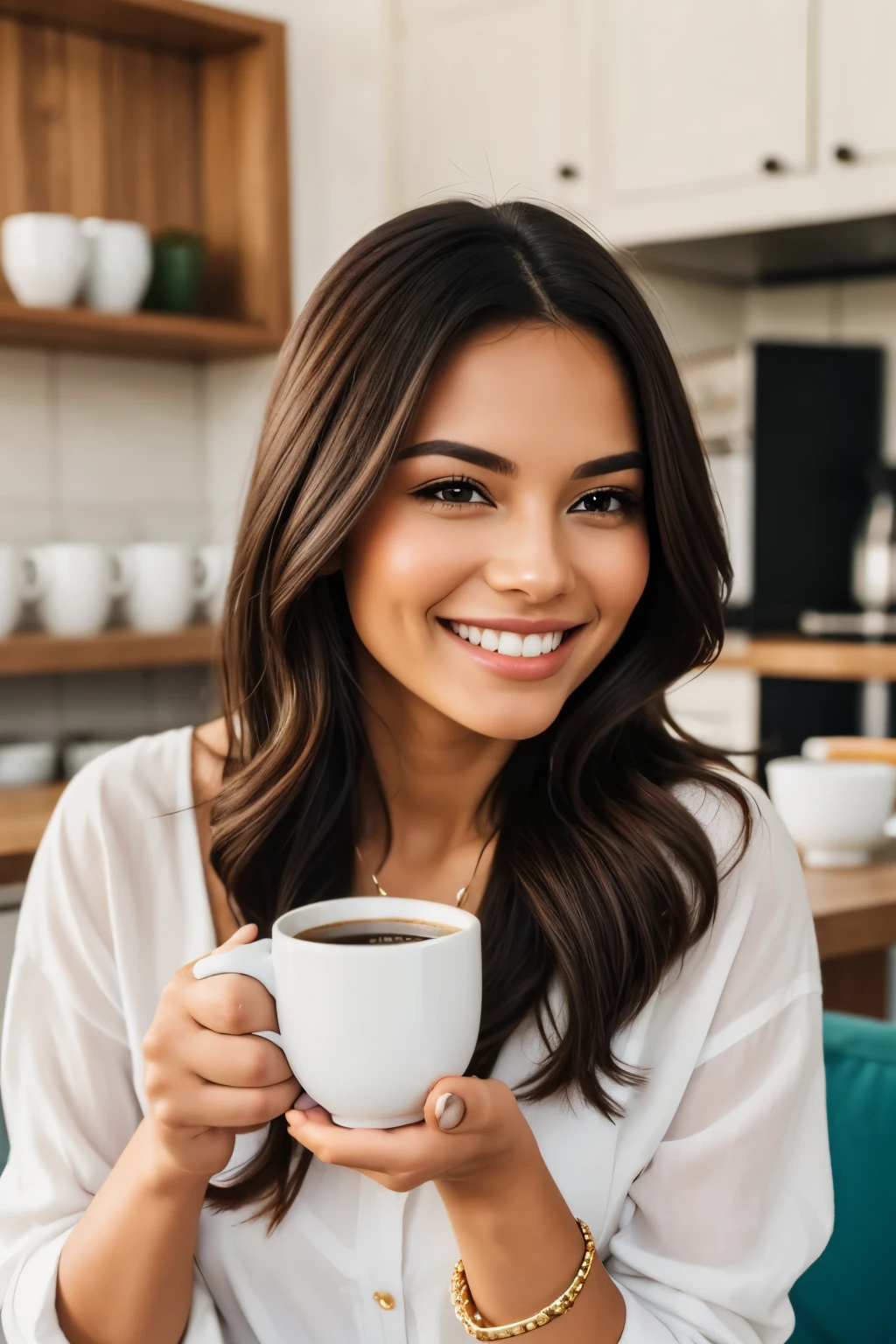 A beautiful woman smiling while drinking coffee