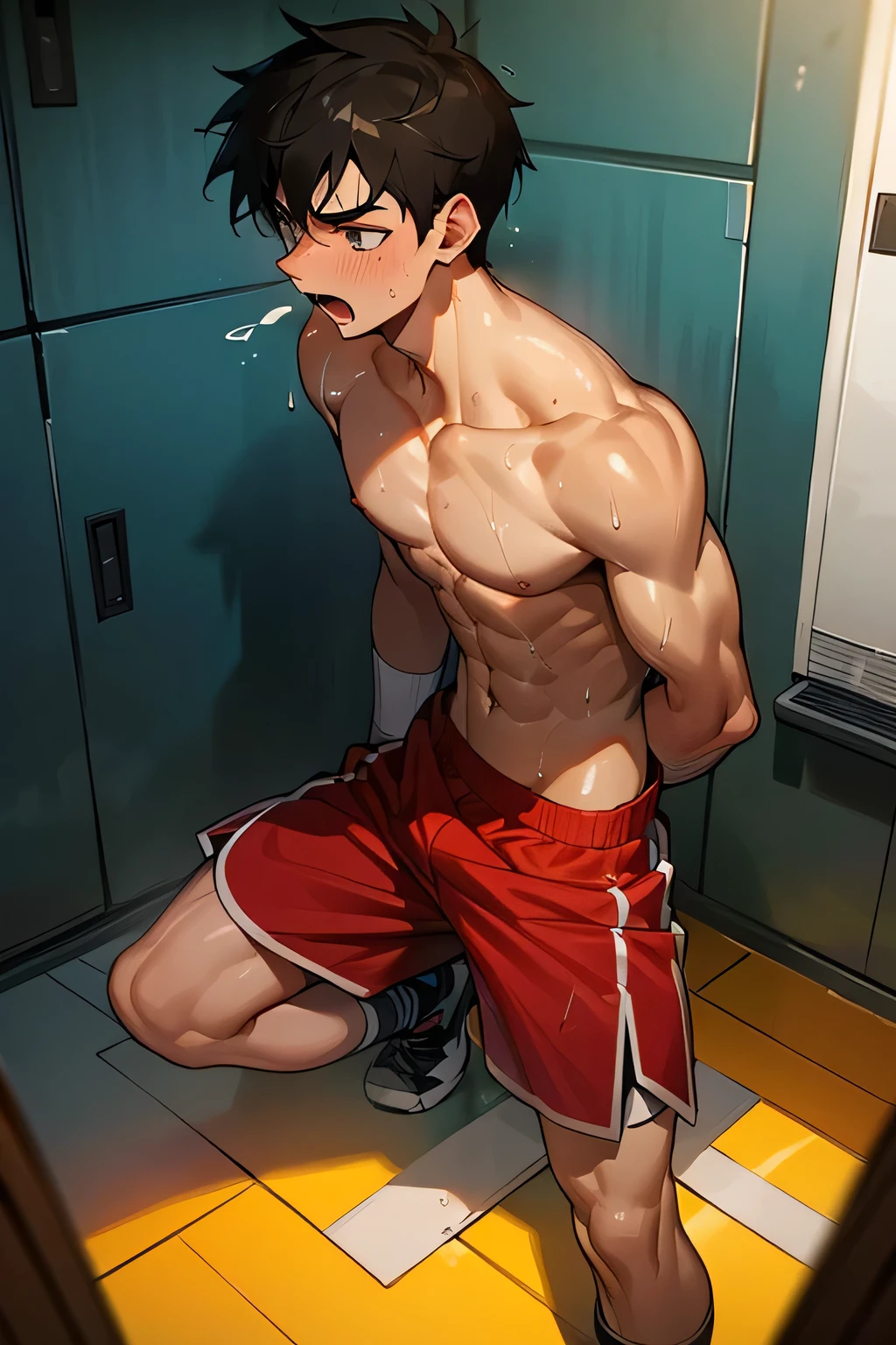 a shirtless 22-year old super muscular sweating male wearing basketball shorts, rubber shoes, sweat-drenched, soaking wet, drenched with sweat, sweating profusely, soaking wet with sweat, panting, exhausted, gasping, in the locker 