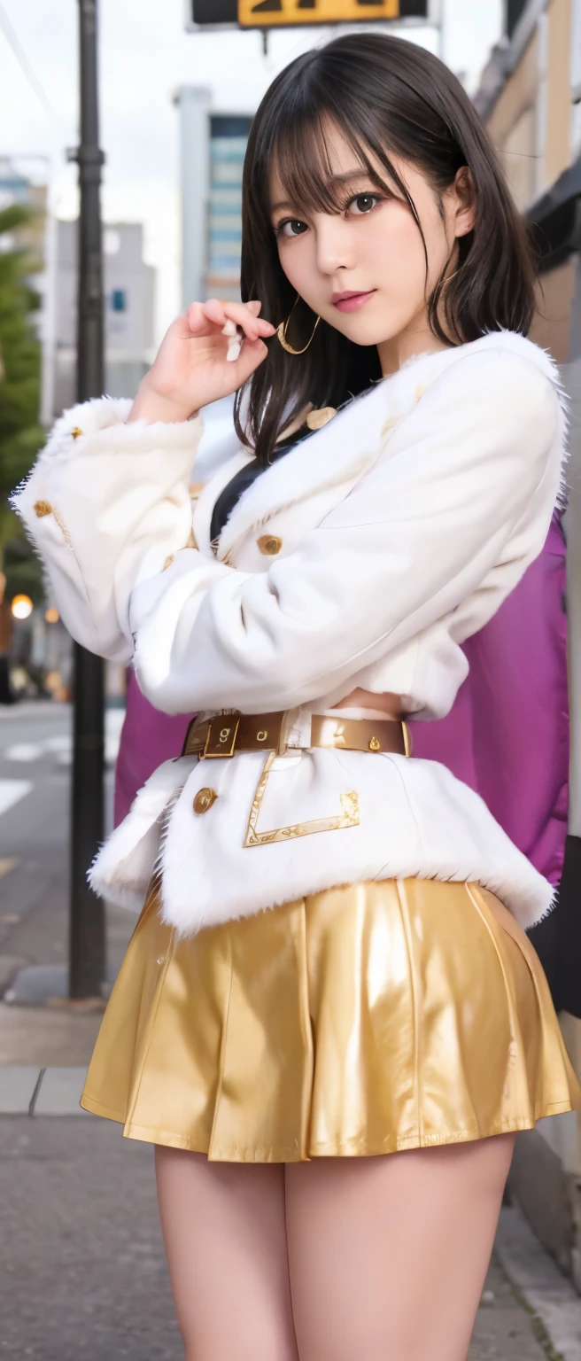 Sexy punk idol girl、whole body、Good style、、、Gold tight mini skirt costume、Fantastic City、、、White fur jacket、Great belt、、Skull Accessories
