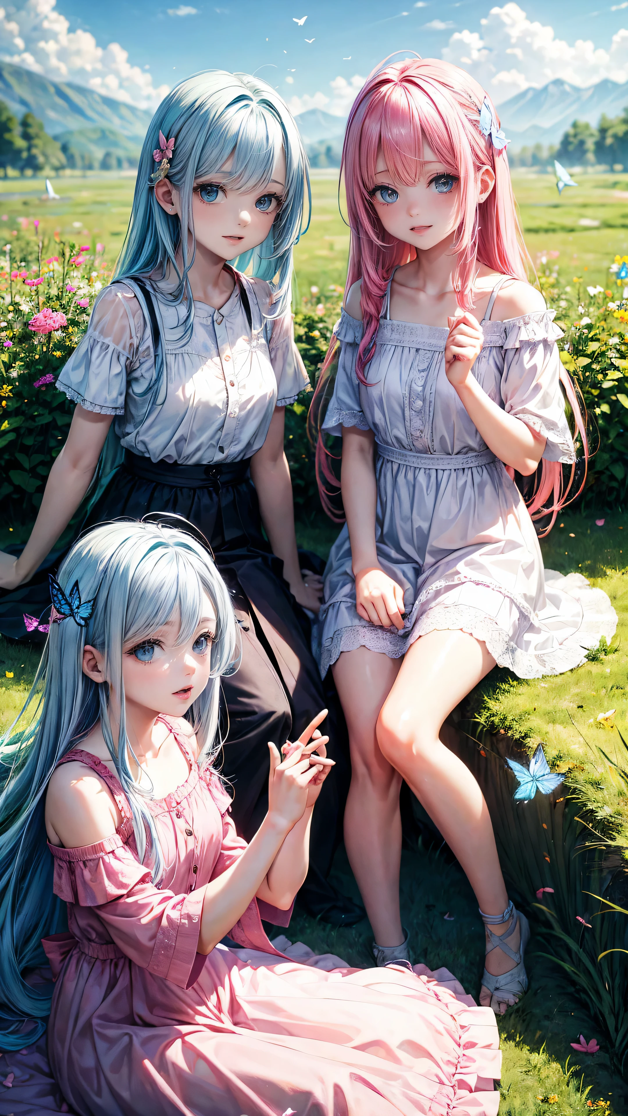 Two pure and innocent girls,、2 people(Pink-haired person、1 Name Light Blue Hair)、Cute face、Beautiful Eyes、White skin、Natural Beauty、Warm sunshine、Wildflowers swaying in the wind々Surrounded by、Enjoying time in the fields。Butterflies and birds fly around her、Creates a playful atmosphere。