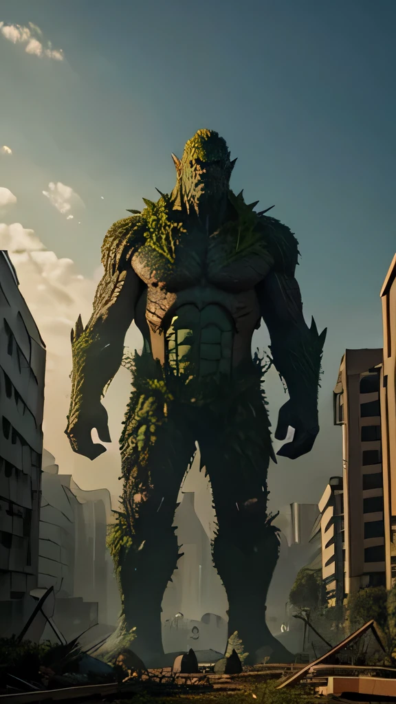 A large earth monster with plants growing on him standing in the destroyed city with plant all over the city