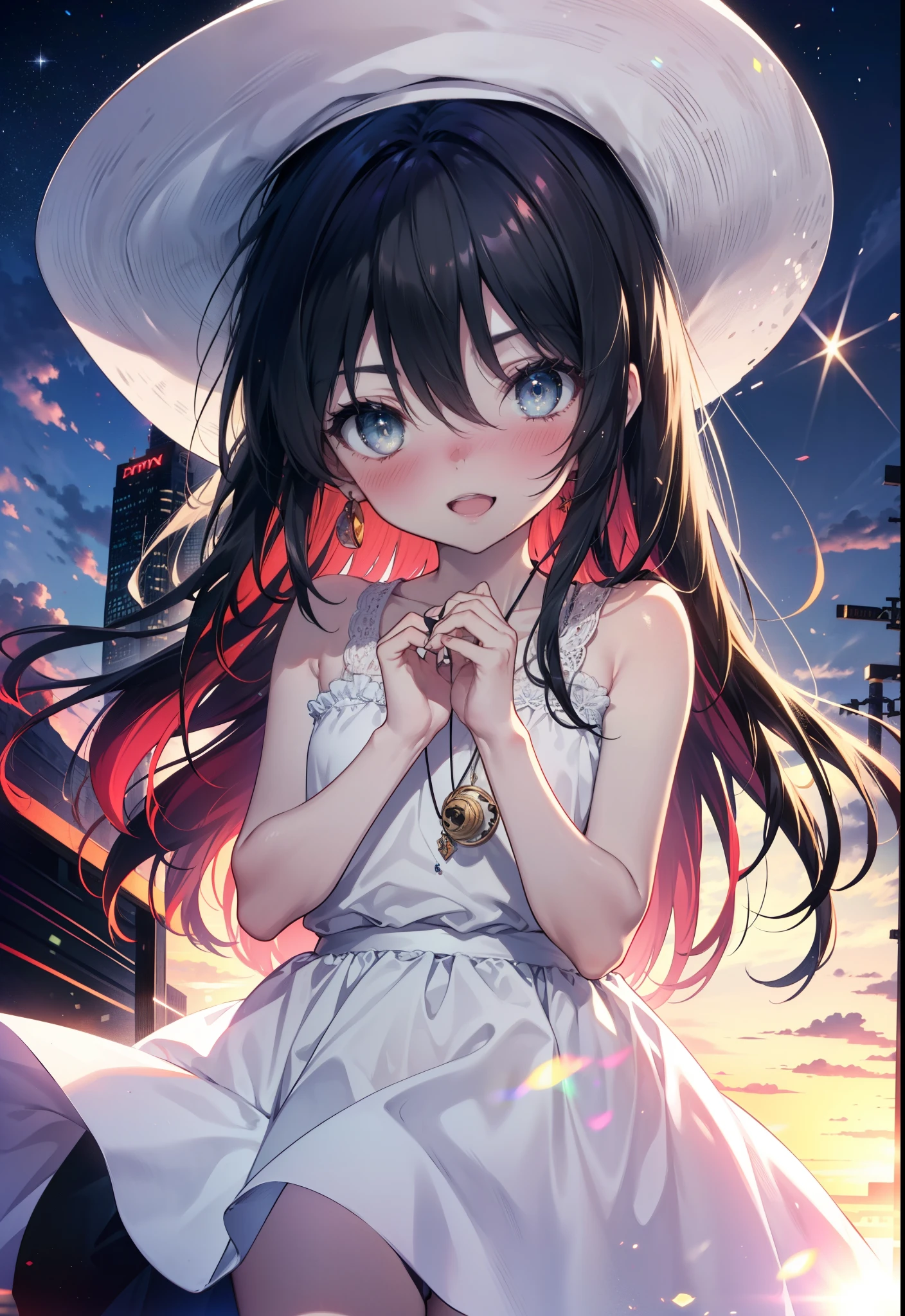 Shana,灼眼のShana,Ahoge,Long Hair,Black Hair, black eye, Small breasts,smile,blush,Open your mouth,Sleeveless dress,Bare shoulders,bare clavicle,Bare neck,Rocket Pendant,White hat,Long skirt,Cute heeled sandals,Looking down from above,sunset,evening,The sun is setting,
break looking at viewer, (Cowboy Shot:1. 5)
break outdoors, City Street,Building district,
break (masterpiece:1.2), highest quality, High resolution, unity 8k wallpaper, (shape:0.8), (Fine and beautiful eyes:1.6), Highly detailed face, Perfect lighting, Highly detailed CG, (Perfect hands, Perfect Anatomy),