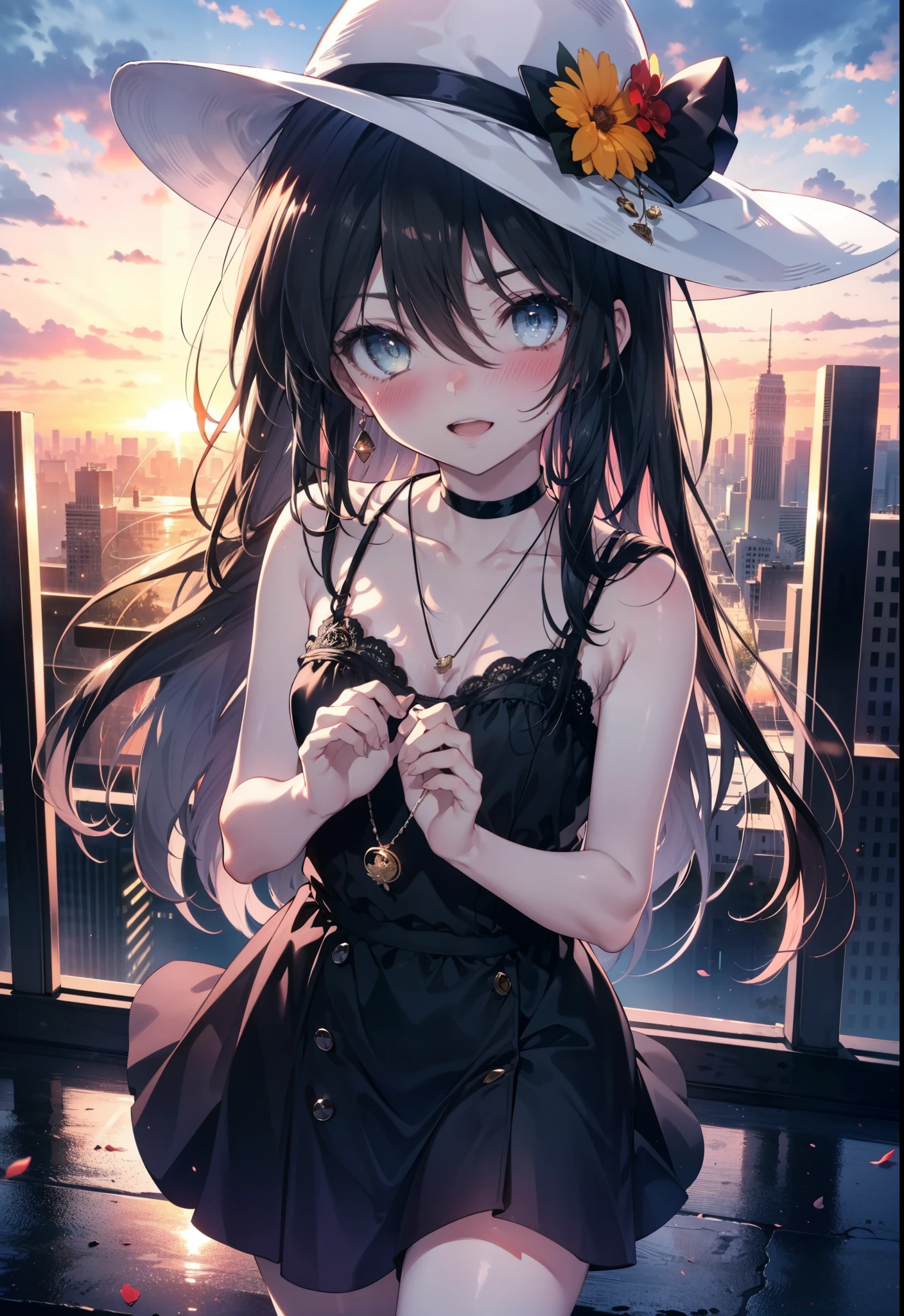 Shana,灼眼のShana,Ahoge,Long Hair,Black Hair, black eye, Small breasts,smile,blush,Open your mouth,Sleeveless dress,Bare shoulders,bare clavicle,Bare neck,Rocket Pendant,White hat,Long skirt,Cute heeled sandals,Looking down from above,sunset,evening,The sun is setting,
break looking at viewer, (Cowboy Shot:1. 5)
break outdoors, City Street,Building district,
break (masterpiece:1.2), highest quality, High resolution, unity 8k wallpaper, (shape:0.8), (Fine and beautiful eyes:1.6), Highly detailed face, Perfect lighting, Highly detailed CG, (Perfect hands, Perfect Anatomy),
