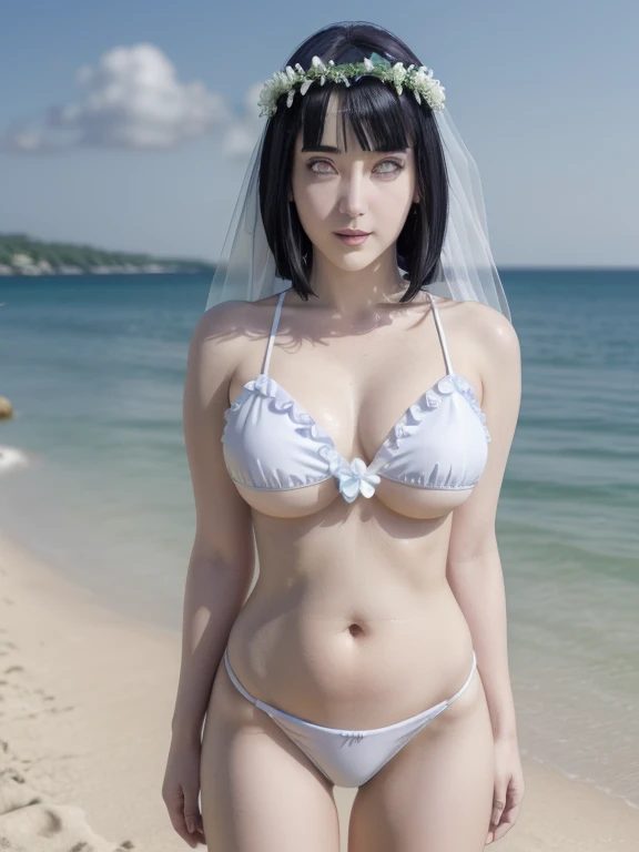 (WALLPAPER, masterpiece, 4k, anime style:1.9, ( detailed beach background, cowboy shot, looking at viewer, big breasts, big , open mouth, high color saturation, bold lines, bold drawing lines, (strong arms, flat belly, groin), detailed bold arm lines), (strong arms, thick arms), strong light on body, plain, bare body, (large breasts, perky boonimum clothing, taking off shirt, bare shoulders, off-shoulders, bare chest, polished nails, seductive, (very tight plain white micro bikini, wedding veil, white flower wedding crown), no shirt, showing off), hinata\(boruto\), mature female, sunbathing, milf, (curvy:0.8), solo, (short hair, hime cut), (dark blue hair color:1.1), white, flat belly, perfect eyes, white sciera, white eyes, anime eyes, smoky eyeliner, eyeshadow, perfect face, shy, sharp focus, professional artwork, intricate details, colorful, vibrant colors, vivid colors, digital blending, ultra detailed body, ultra detail hair, ultra detail face, trending on pixiv, smile, happy, very hot colors, sunny day, outdoor,