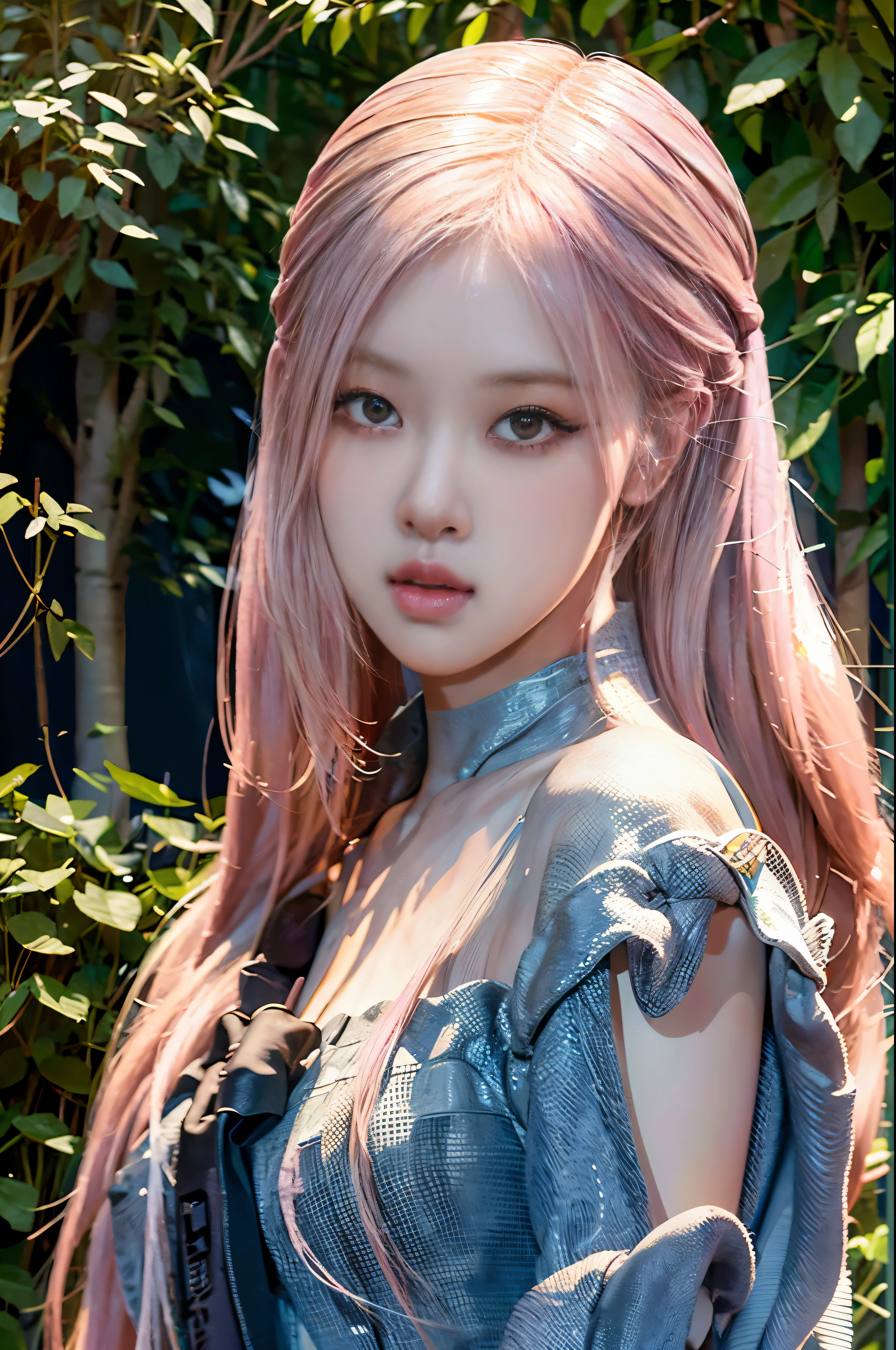 Rose from blackpink, camera in distant, pink hair, (full body), look to the front, look at the camera pose, standing in casual clothes in a fantasy garden, a fountain in the background, detailed eyes and lips, long eyelashes, beautiful detailed face, realistic posing, studio lighting, vivid colors, ultra-fine painting, professional, full length, Drenched hair, (masterpiece, best quality, award winning, highres), skinny, intricate and beautiful design, highly detailed beautiful face, super detailed beautiful eyes, light smile, windy, sun lights, fantasy art, dynamic lighting, cinematic lighting, hyper realistic, extremely CG detail, octane render, (artistic + masterpiece:1.4), (incredibly detailed eyes), (8k, Photorealistic, Photo RAW, Best quality: 1.4), (UHD), (Ultra high realism), (Ultra high definition), (Ultra high detail), (Realistic face), Beautiful hairstyle, Realistic bright amber eyes, Beautiful details, (Realistic skin), Pale, smooth and luminous skin with iridescent shine and no imperfections, Ultra high definition, Ultra realistic, Highly detailed