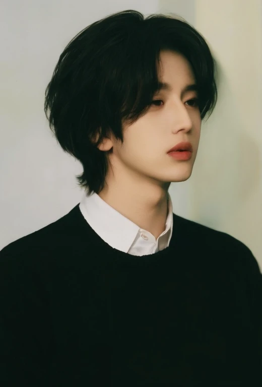 realistic, detailed, handsome boy, plump lips, iphone lens, chrollo lucifer, light green ball eartings, white shirt collar, black sweater