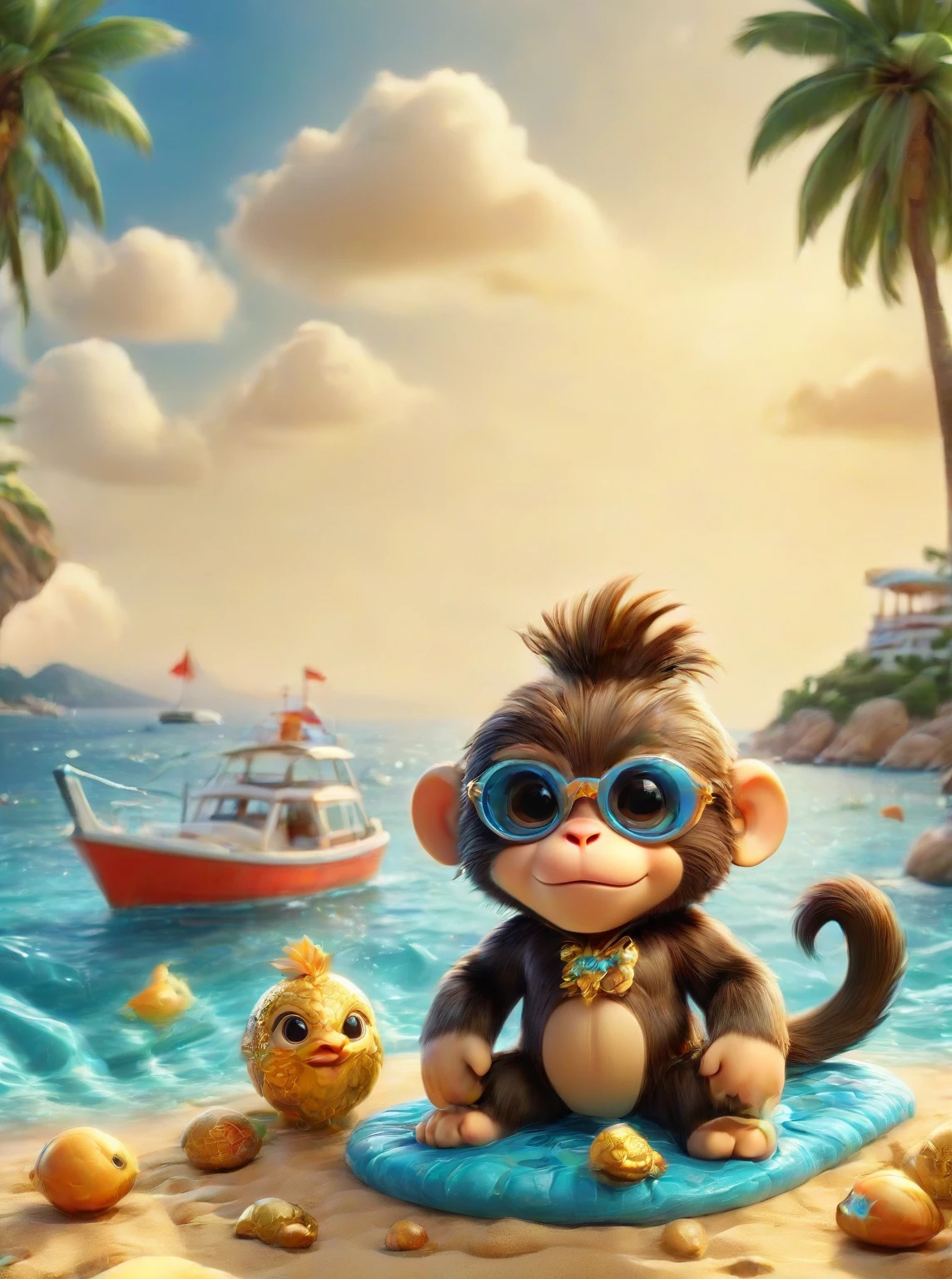 A happy monkey wearing trendy sunglasses，The fur is gently blown by the breeze，Relax on the beaches of the picturesque French Riviera，The white sandy beach blends perfectly with the clear blue sea，nearby，Colorful shells scattered randomly，Tall, sturdy palm trees sway gently against a bright blue sky，far away，sunny，Giving the quiet earth a warm glow。