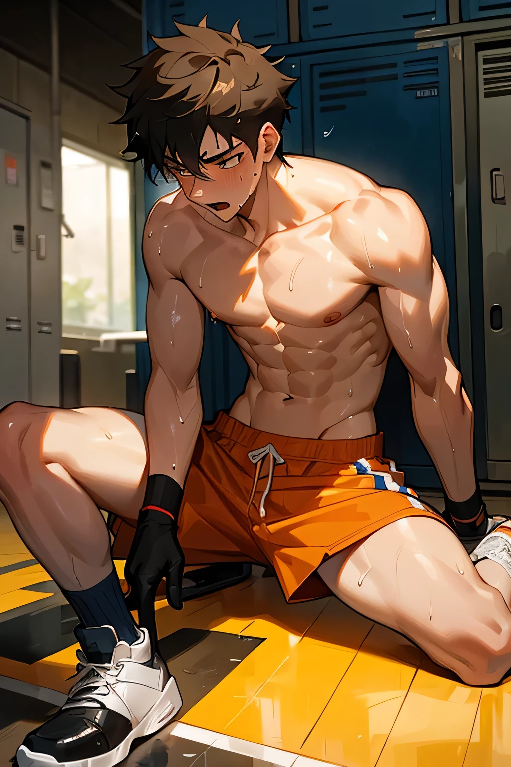 a shirtless 22-year old super muscular sweating male wearing basketball shorts, rubber shoes, sweat-drenched, soaking wet, drenched with sweat, sweating profusely, soaking wet with sweat, panting, exhausted, gasping, laying on the floor, in the locker room