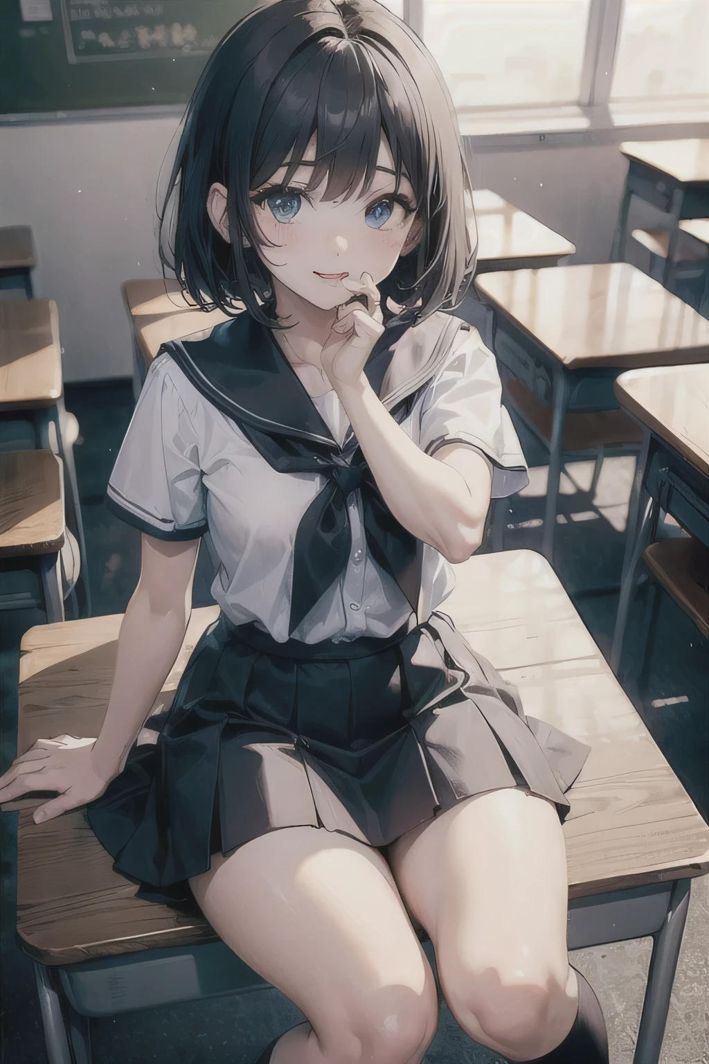 Naughty 、Black Bob、Light blue eyes、uniform、Short sleeve、White blouse、Navy Blue Skirt、naughty thighs、Black socks、classroom、Rows of desks