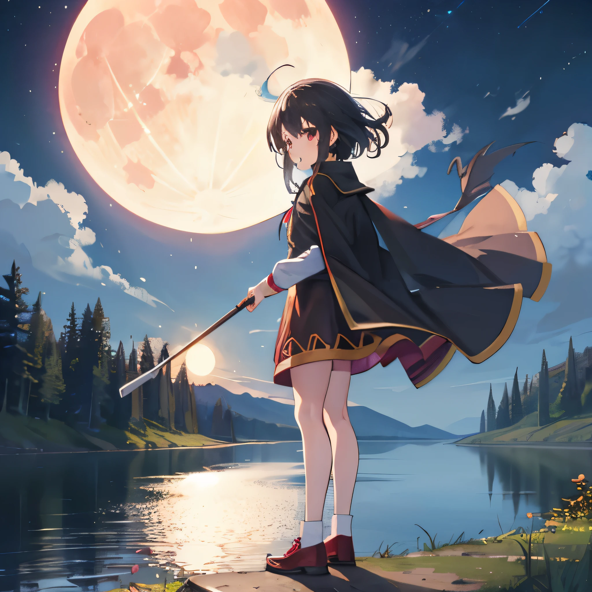 masterpiece, highest quality, Outdoor, night, full moon, Lakeside, Lake, forest, 1 person, Megumin, KonoSuba, Serious expression, Cloak swaying in the wind, holding out a cane in front of,