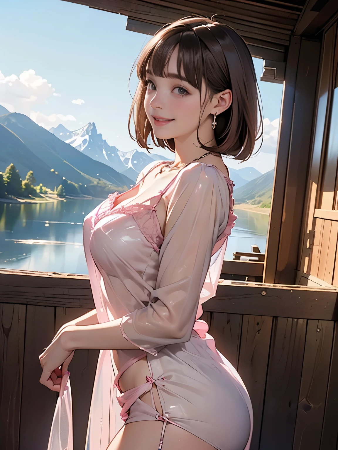 ((((highest quality))))、(((Ultra-precision CG16K wallpaper)))、(((masterpiece)))、(((Super detailed)))、(((Extreme detail)))、(((1Mature 32 year old woman:1.8)))、((Very beautiful Japanese faces))、((Shiraishi Mai:1.5))、((Straight Bob Hair、blunt bangs:1.5))、(Shiny brown hair)、Beautiful delicate eyes、eyeliner、eye shadow、Brown eyes、High nose、Small nostrils、Small Mouth、Seductive lips、Beautiful breasts、((C cup size breasts))、Cleavage、Voluptuous body、eight-headed body、Perfect proportions、Perfect Anatomy、Perfect composition、Beautiful detailed shading、Beautiful, natural lighting、Beautiful detail glow、Depth of written boundary、(((High chroma)))、(((Real:1.9)))、((vivid:1.5))、((Beautiful Skin))、((Skin Texture))、((Realな皮膚感))、(((Cowboy Shot:1.6)))、((Front view、Front low angle:1.6))、((Shy laugh:1.5))、(The woman is facing this way:1.5)、Bright daylight、Natural light、(((Lakeside with mountain view:1.5)))、(Standing pose:1.5)、(((Pink see-through negligee:1.6)))、((Earrings、Wearing a necklace:1.3))、