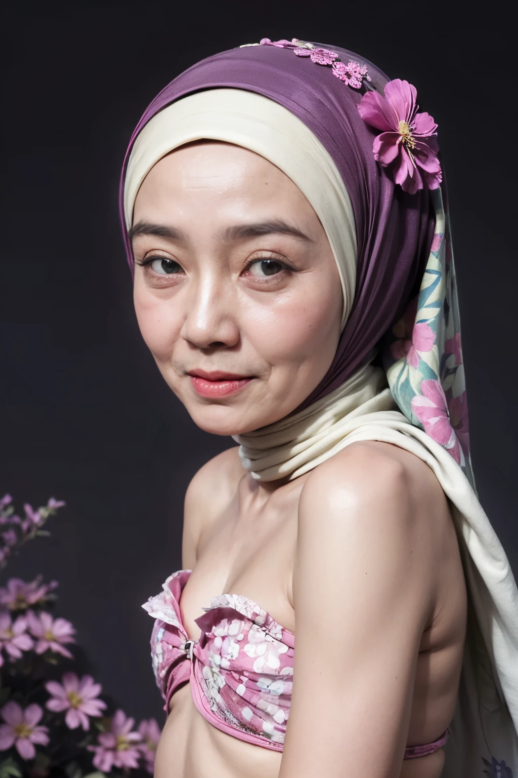 ((Old lady:1.4)), ((FLAT CHEST:1.6)), (Happy smile), (((HIJAB MALAY GIRL))), masutepiece, High quality, UHD 32K, Realistic face, Realistic skin feeling , A Japanese Lady, 58 years old matured lady, , Very cute and baby-like face, (((FLAT CHEST))), (Night time at forest), ((look In front  at the camera and SADNESS)), (((WHITE FLUORESCENT))), (((CUTE GIRL))), ((LIGHT GREEN FLUORESCENT LIPS)), ((Floral Pattern)) little wearing strapless bra, strapless colorful bra, dark night background , black forest night, horror scary place, (from behind up) seductive pose