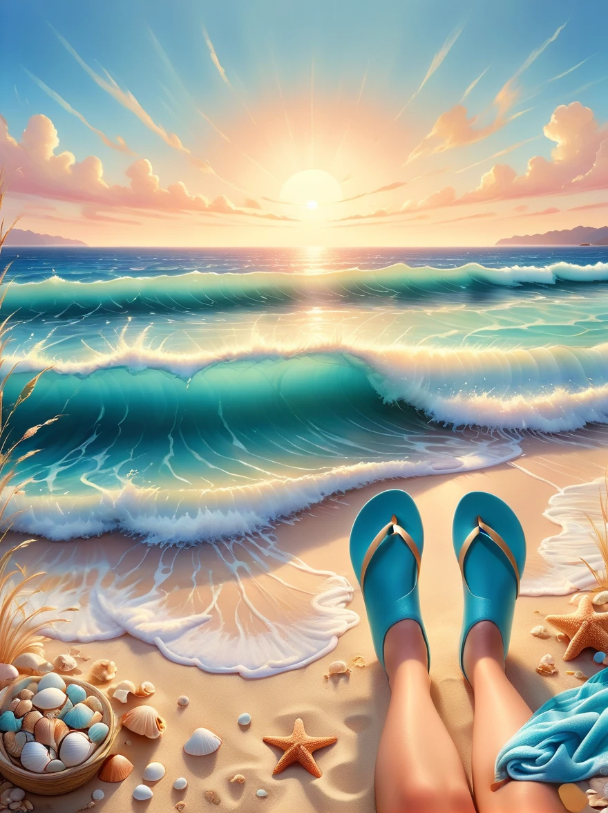 Envision a serene picturesque beach scene, captured in the soft and fluid painting style associated with watercolor artistry. In the foreground, soft golden sand is scattered with an assortment of seashells of various shapes and sizes. A beach towel, a sun hat, and a pair of flip-flops suggests a day of relaxation. Rolling turquoise waves gradually meeting the shore, creating a delicate frothy white lace at the edge. Behind, an endless expanse of azure ocean stretches out to merge into a beautifully gradient sky, transitioning from a deep blue at the zenith to a soft pinkish hue at the horizon. Wisps of clouds dot the expanse, accentuating the tranquility of the scene.