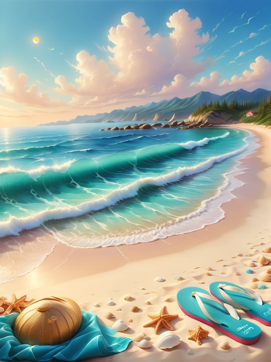 Envision a serene picturesque beach scene, captured in the soft and fluid painting style associated with watercolor artistry. In the foreground, soft golden sand is scattered with an assortment of seashells of various shapes and sizes. A beach towel, a sun hat, and a pair of flip-flops suggests a day of relaxation. Rolling turquoise waves gradually meeting the shore, creating a delicate frothy white lace at the edge. Behind, an endless expanse of azure ocean stretches out to merge into a beautifully gradient sky, transitioning from a deep blue at the zenith to a soft pinkish hue at the horizon. Wisps of clouds dot the expanse, accentuating the tranquility of the scene.